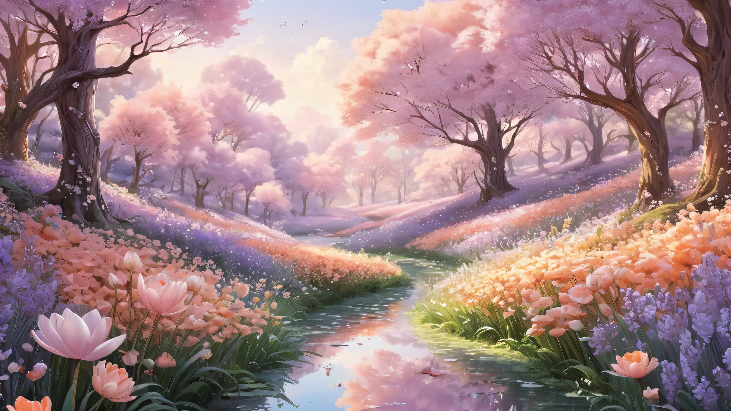 A serene botanical harvest desktop scene featuring a whimsical forest glade on a perfectly clean pure void background, suitable for PC or Desktop use.