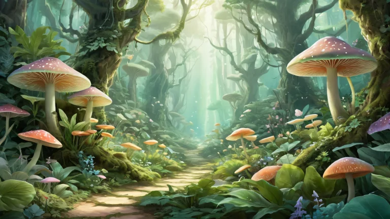 A stunning botanical desktop image featuring a mystical forest with towering plants and fungi on a pristine void, perfect for your PC or Desktop/PC.