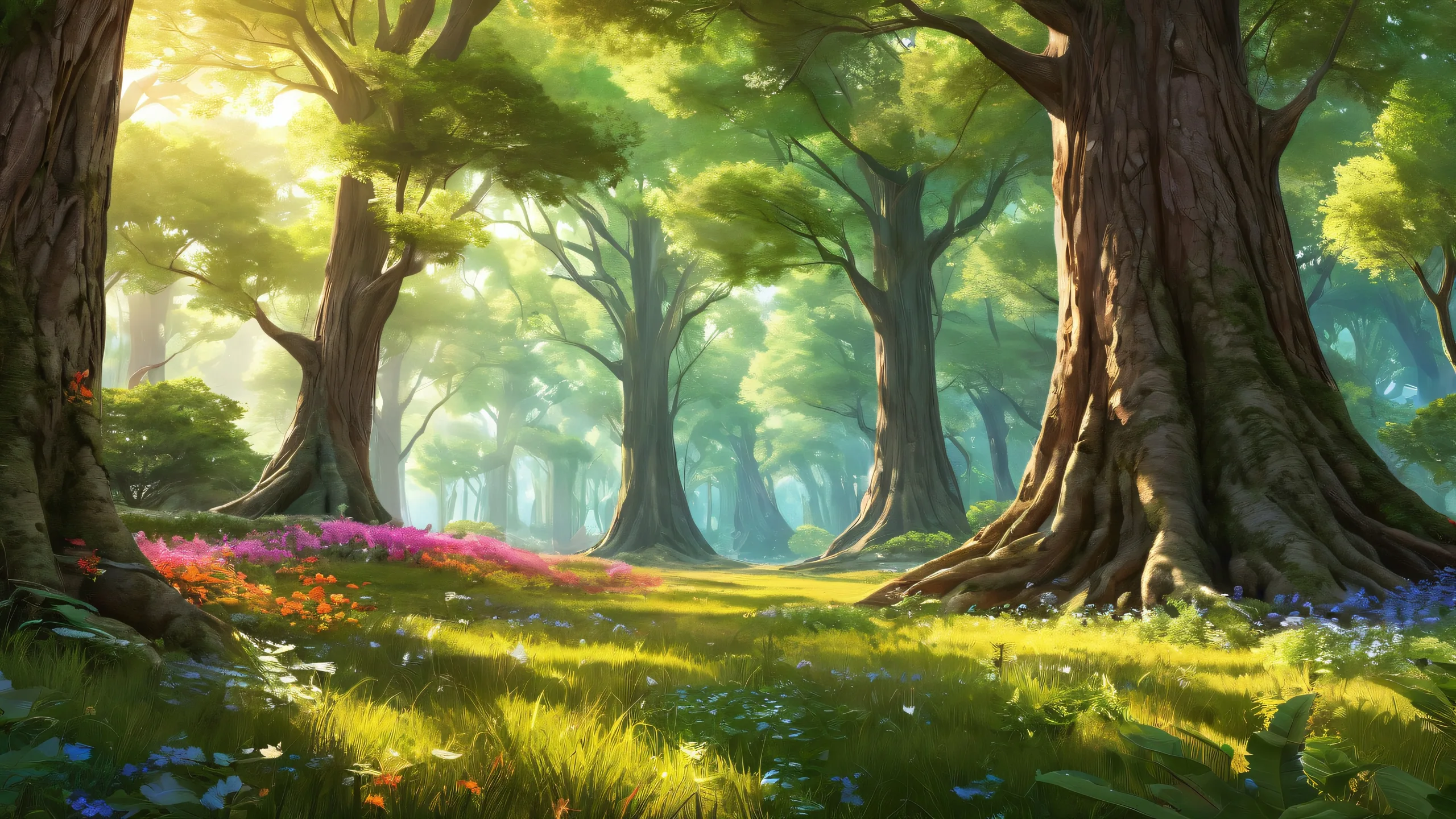 A majestic desktop wallpaper of Trees, with subtle sunlight filtering through the leaves, perfectly clean and vast void on a Desktop/PC.