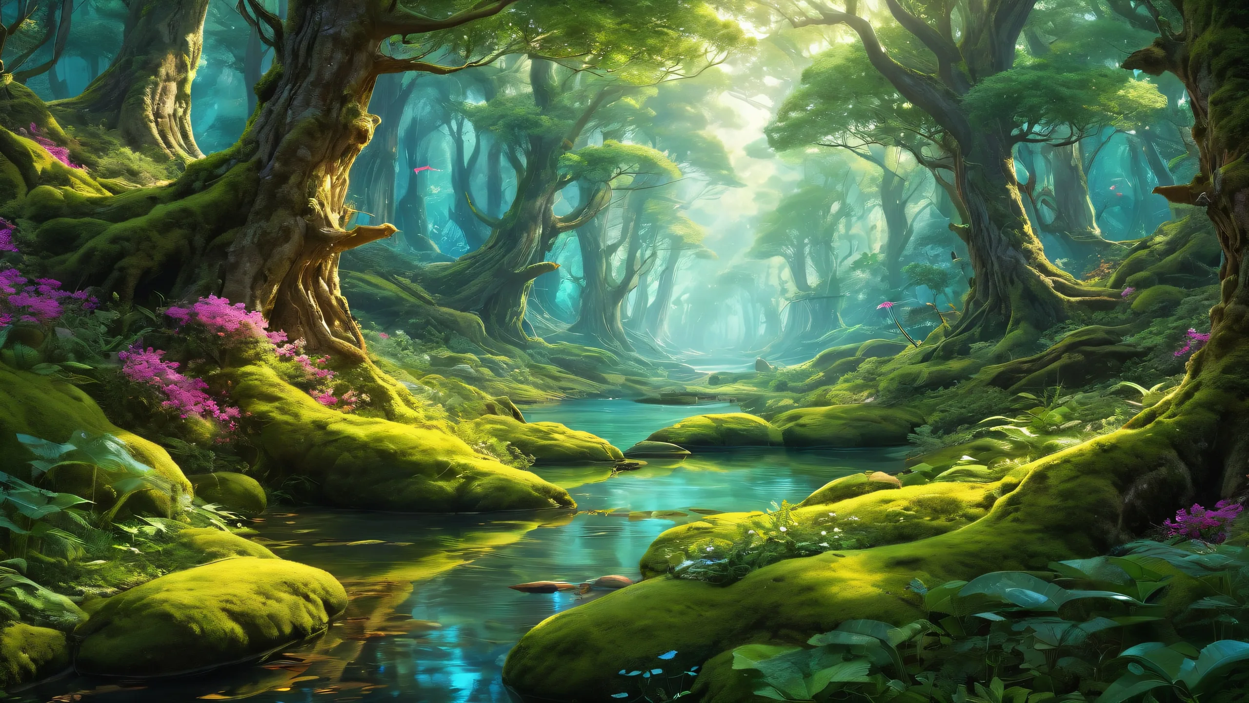 A serene and enchanting biotech-inspired desktop background featuring a forest scene with radiant colors, intricate details, and a sense of depth on a 16:9 aspect ratio screen for your PC or Desktop.
