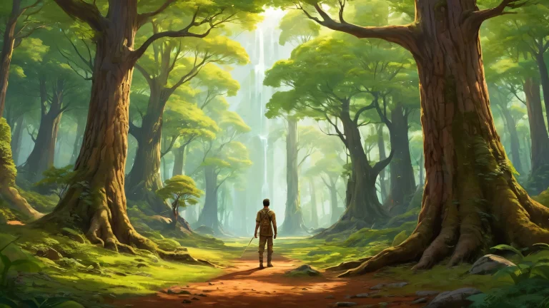 Impresionante fondo de pantalla de hombres de pie en un vasto vacío puro con bosques y árboles., perfecto para escritorio/PC.