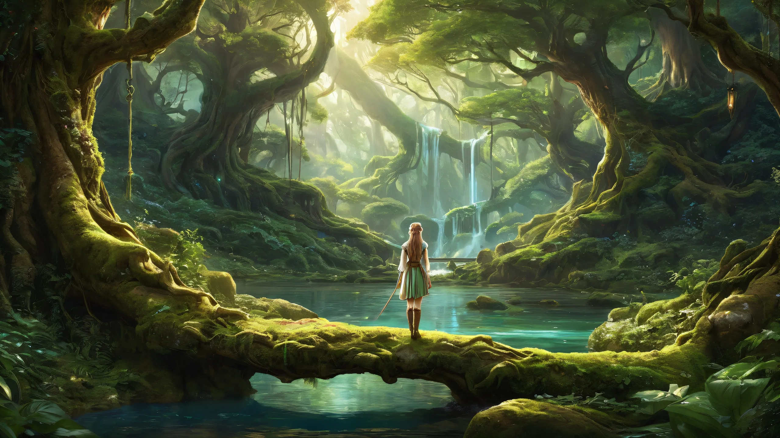 A mystical forest desktop wallpaper featuring an Elf Girl in a pristine void, perfect for a Desktop/PC background.