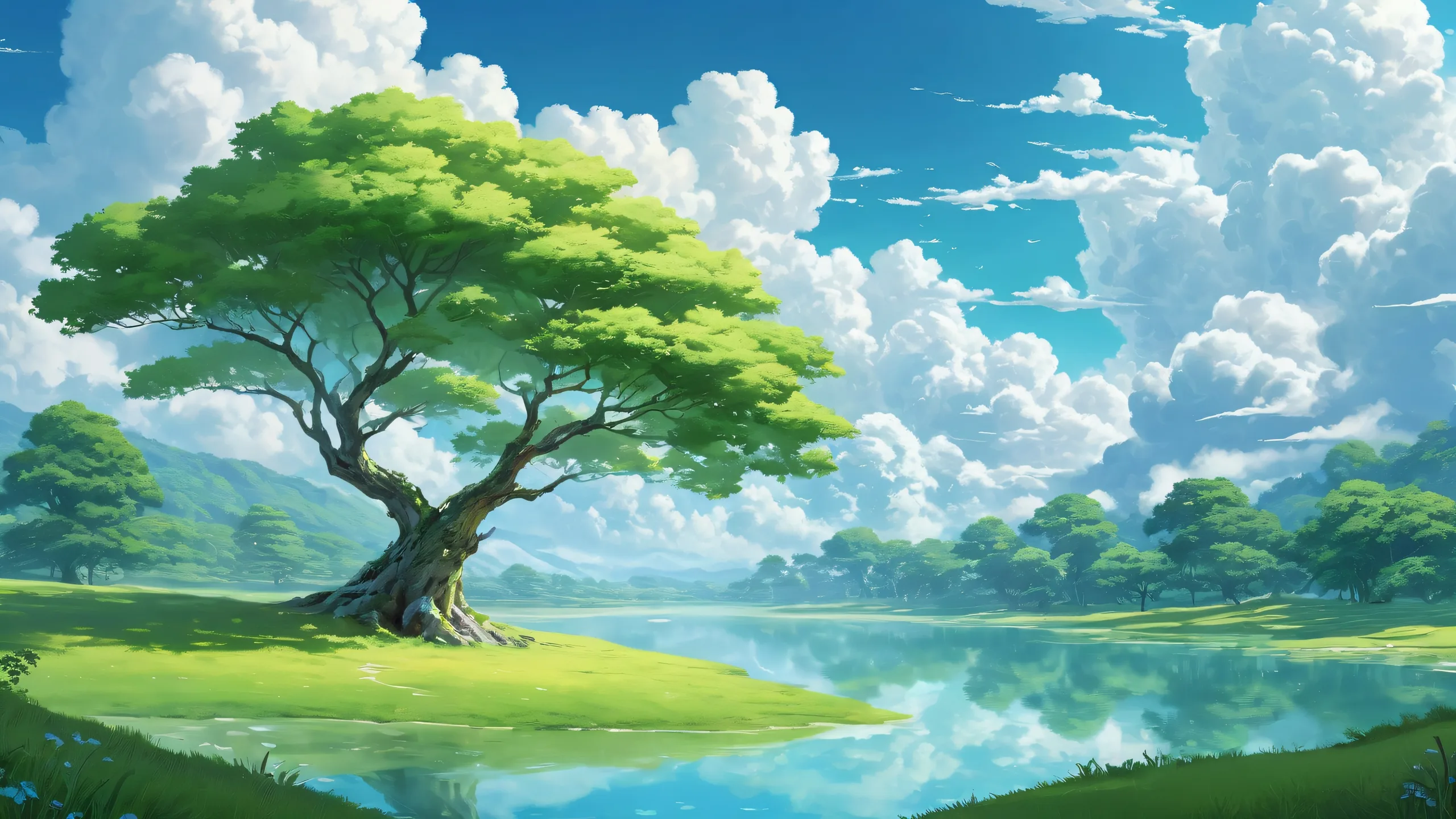 A serene desktop scene featuring clouds and trees on a clean background for Desktop/PC