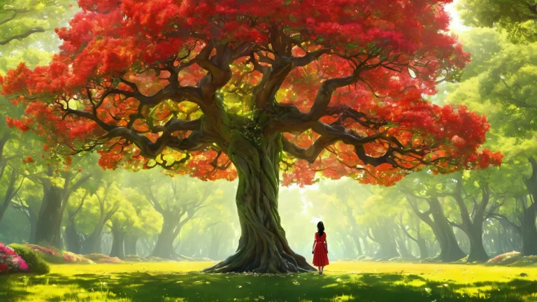 A serene and peaceful desktop scene featuring a single girl standing amidst a vast, pure void surrounded by an extraordinary tree, suitable for Apple macOS users.