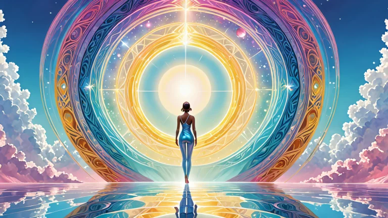 A centered human figure against a vast, pure void on a desktop/PC background with ethereal lighting and brilliant colors.