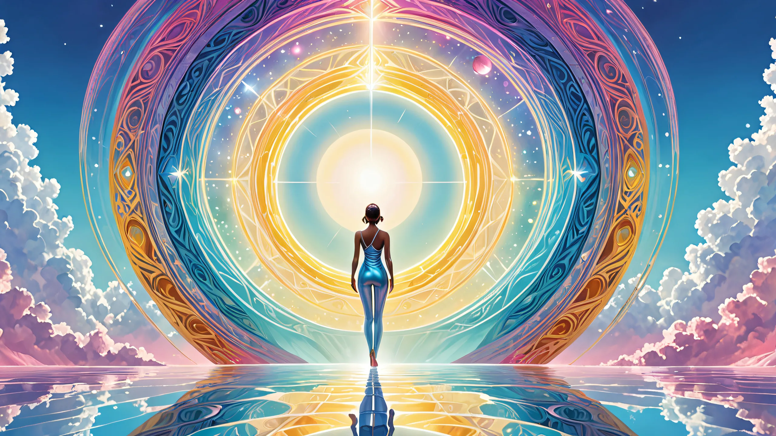 A centered human figure against a vast, pure void on a desktop/PC background with ethereal lighting and brilliant colors.