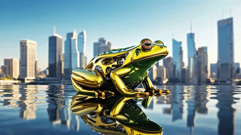 Mechanical frog standing at water's edge with a modern city skyline in the distance on a desktop/pc background.