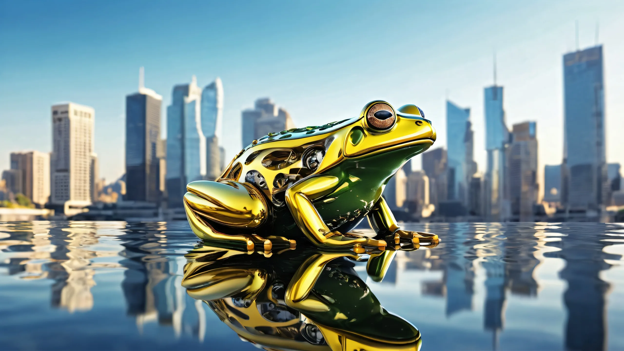 Mechanical frog standing at water's edge with a modern city skyline in the distance on a desktop/pc background.