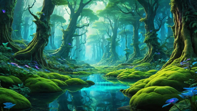 A stunning futuristic desktop wallpaper of an alien forest for PC and Desktop use, featuring pristine clarity and radiant colors.