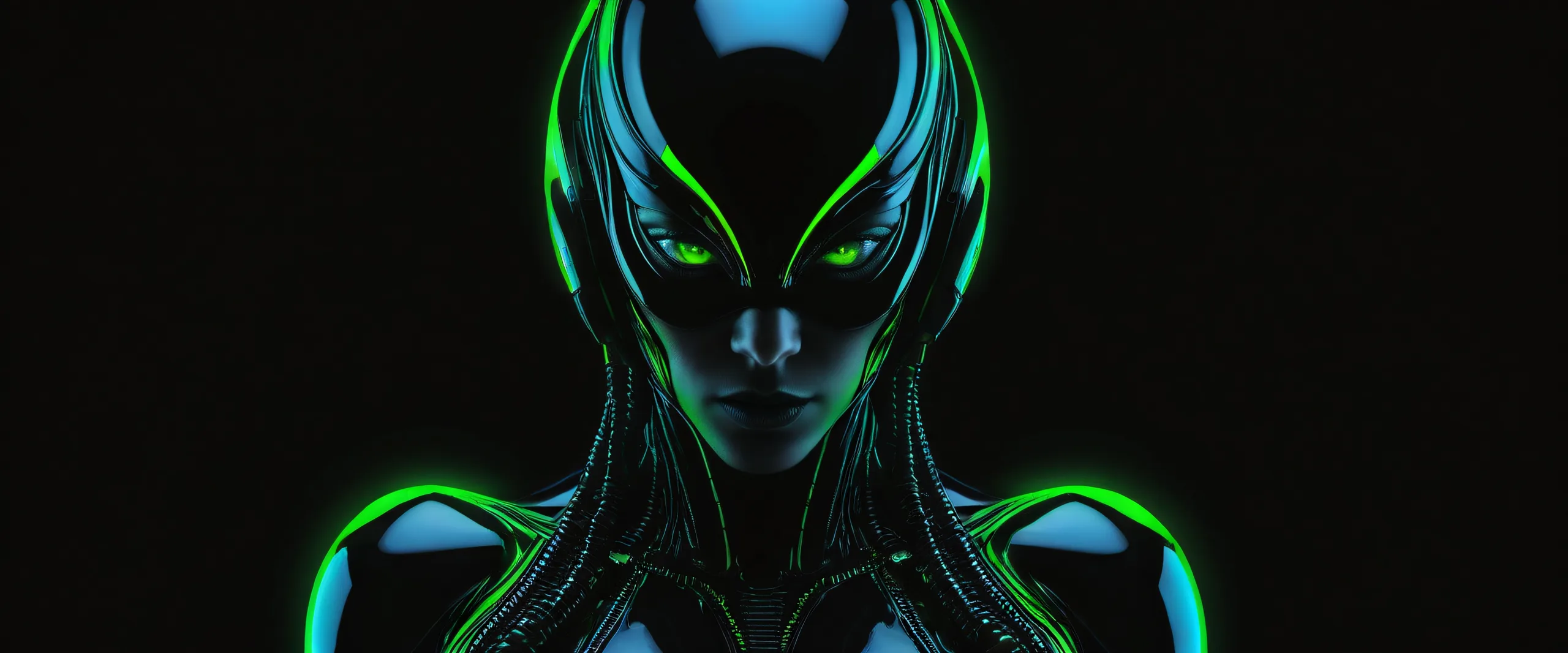 A striking alien woman against a vast pure void, perfect for Desktop/PC use. Deep blacks and crisp contrast make this an ideal macOS wallpaper.