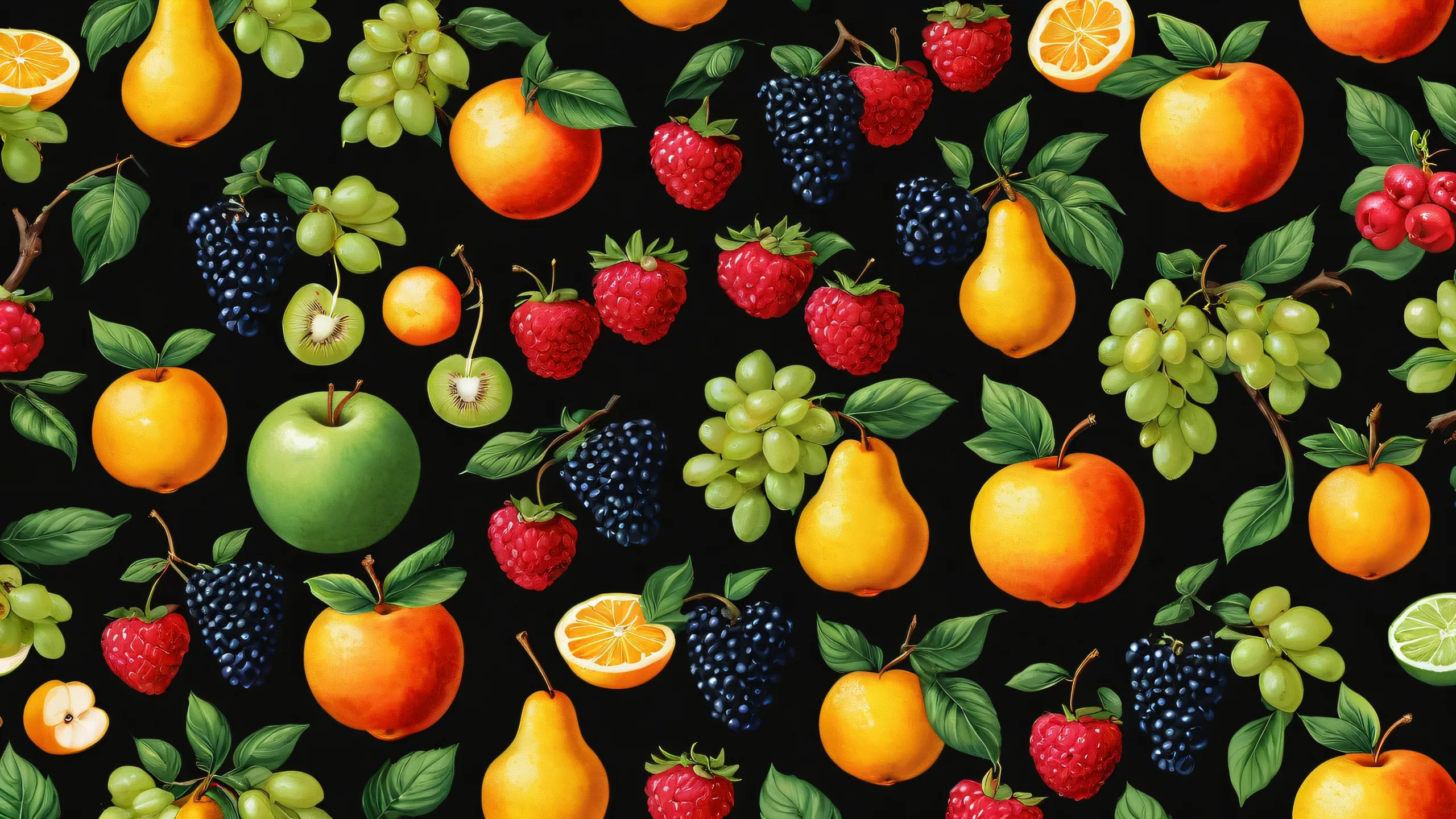 A serene desktop scene of a fruit farm on a pure void background for Desktop/PC use.