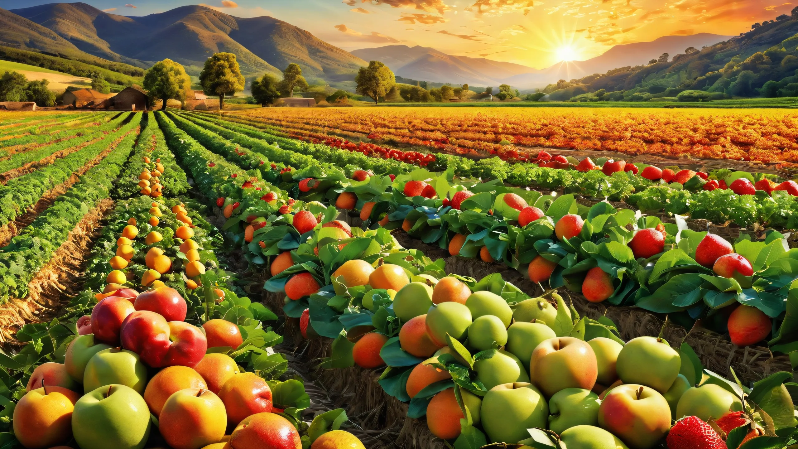 A serene and idyllic fruit farm scene on a desktop or PC, perfect for relaxation and inspiration.
