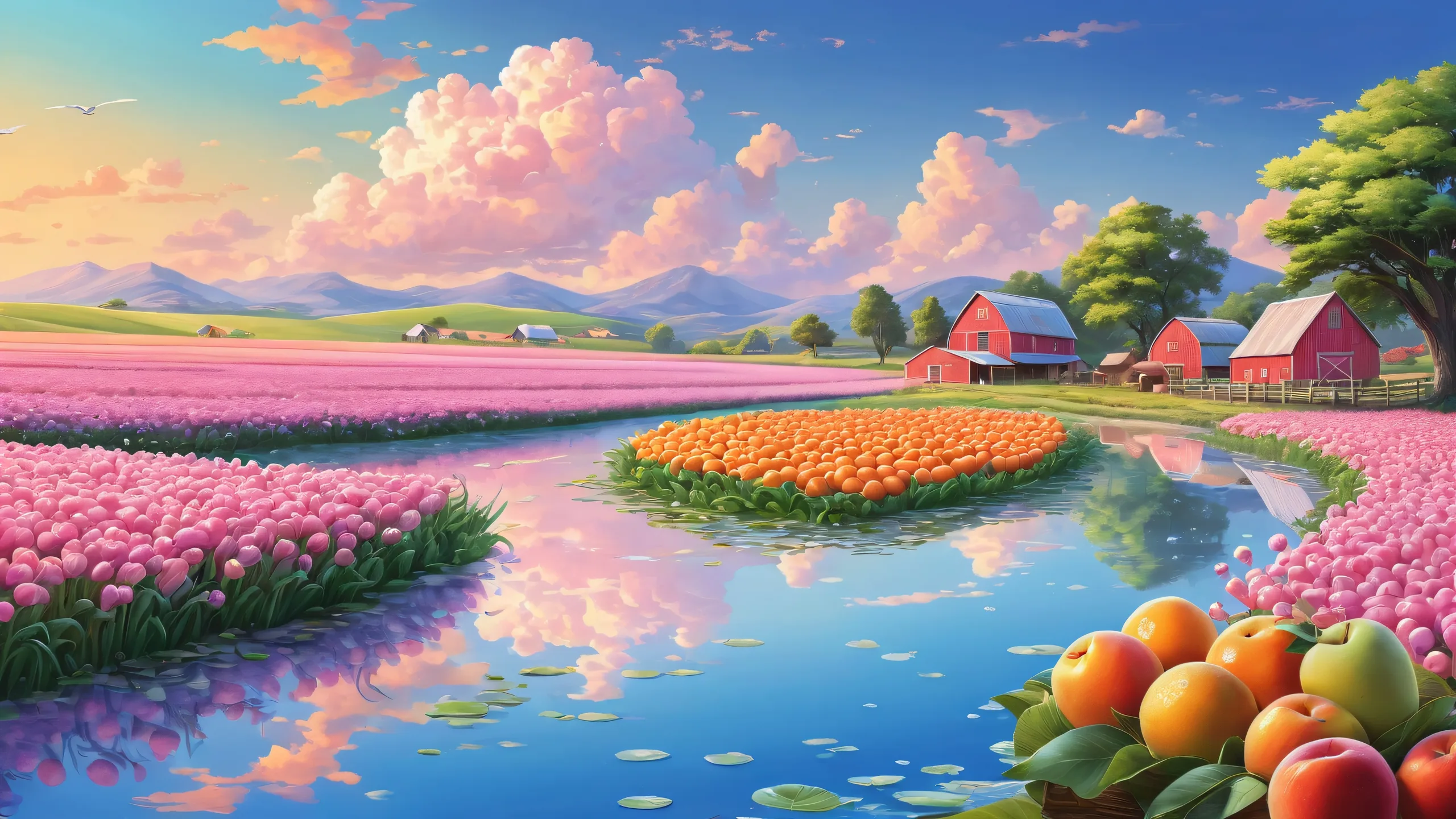 A serene and picturesque desktop scene of a fruit farm in the distance on a clean void background for your PC or Desktop.