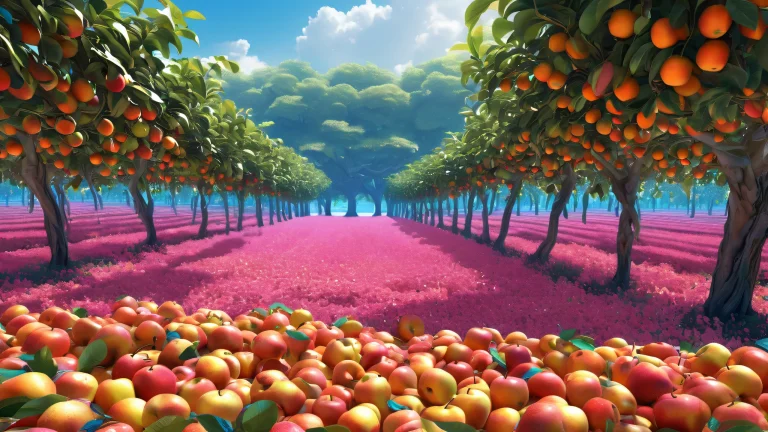 A serene desktop image of a fruit farm on a pristine void, perfect for your PC or Desktop.