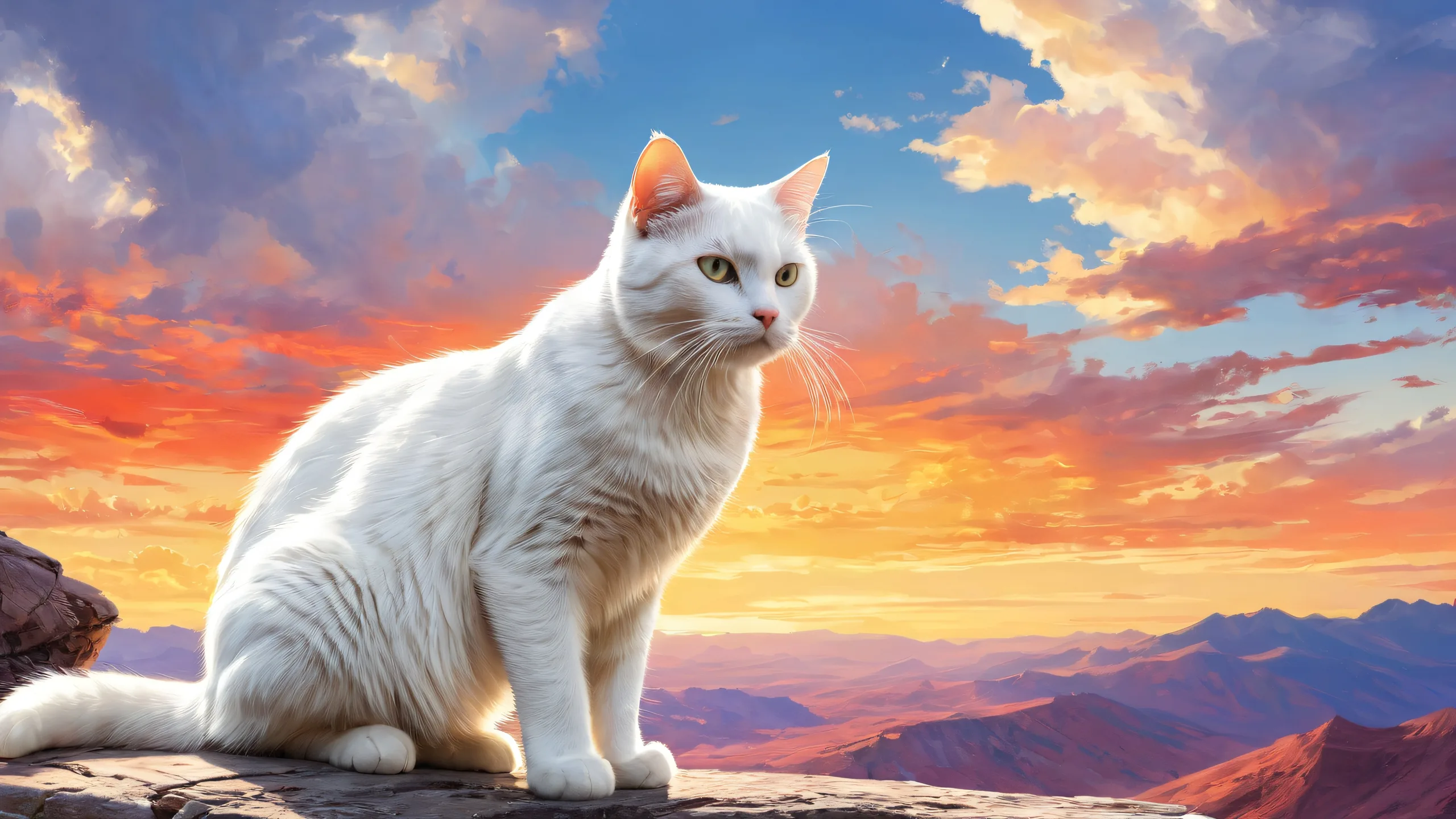 A stunning desktop image of a white cat in a Mad Maxx world environment with radiant lighting and vibrant colors for Desktop/PC.