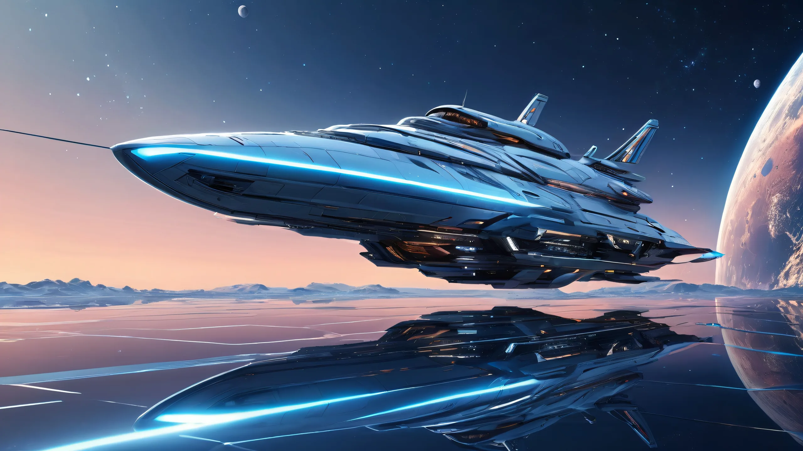 Desktop/PC background featuring a spaceship in a vast pure void with ethereal lighting and ray traced reflections.