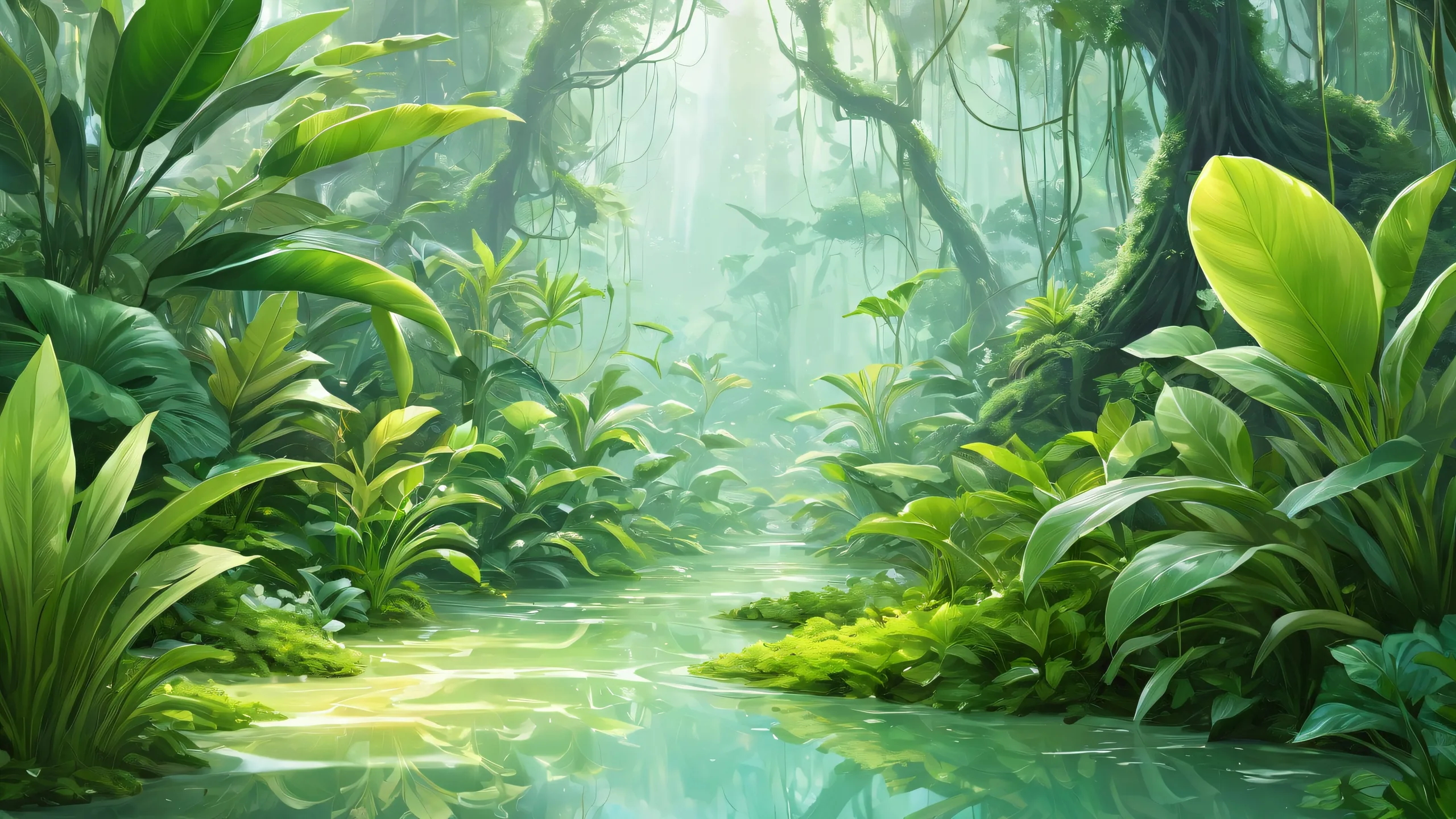 Desktop/PC wallpaper featuring a serene botanical scene with extreme depth of field and radiant colors.