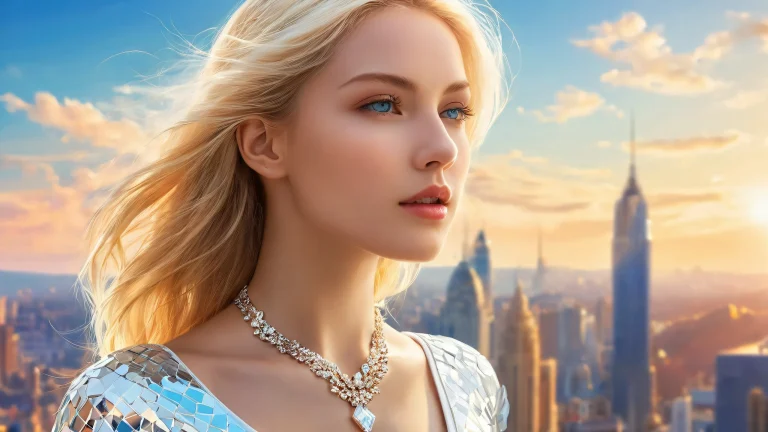 A breathtaking desktop wallpaper of a woman in a perfectly clean vast pure void, with a building in the distance, for your Desktop/PC.