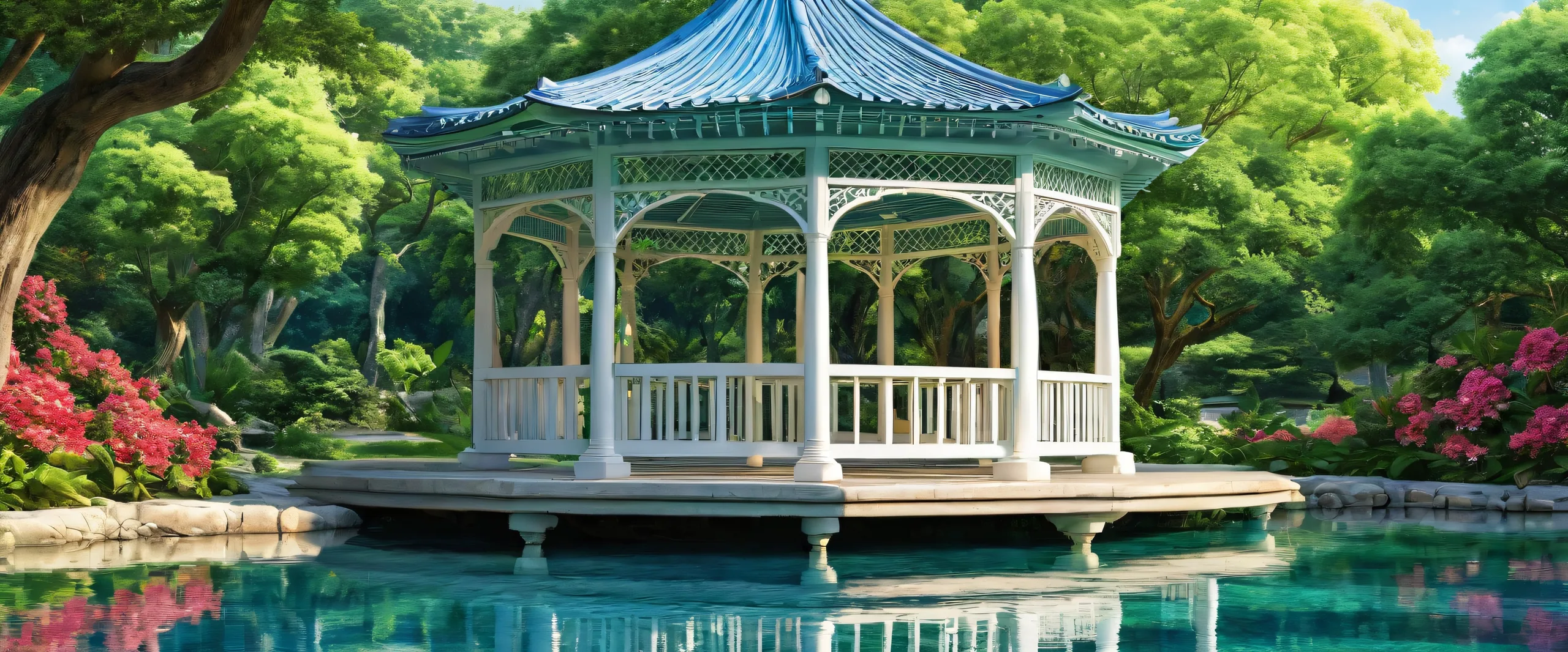 A serene and peaceful gazebo surrounded by a vast pure void on a desktop/pc