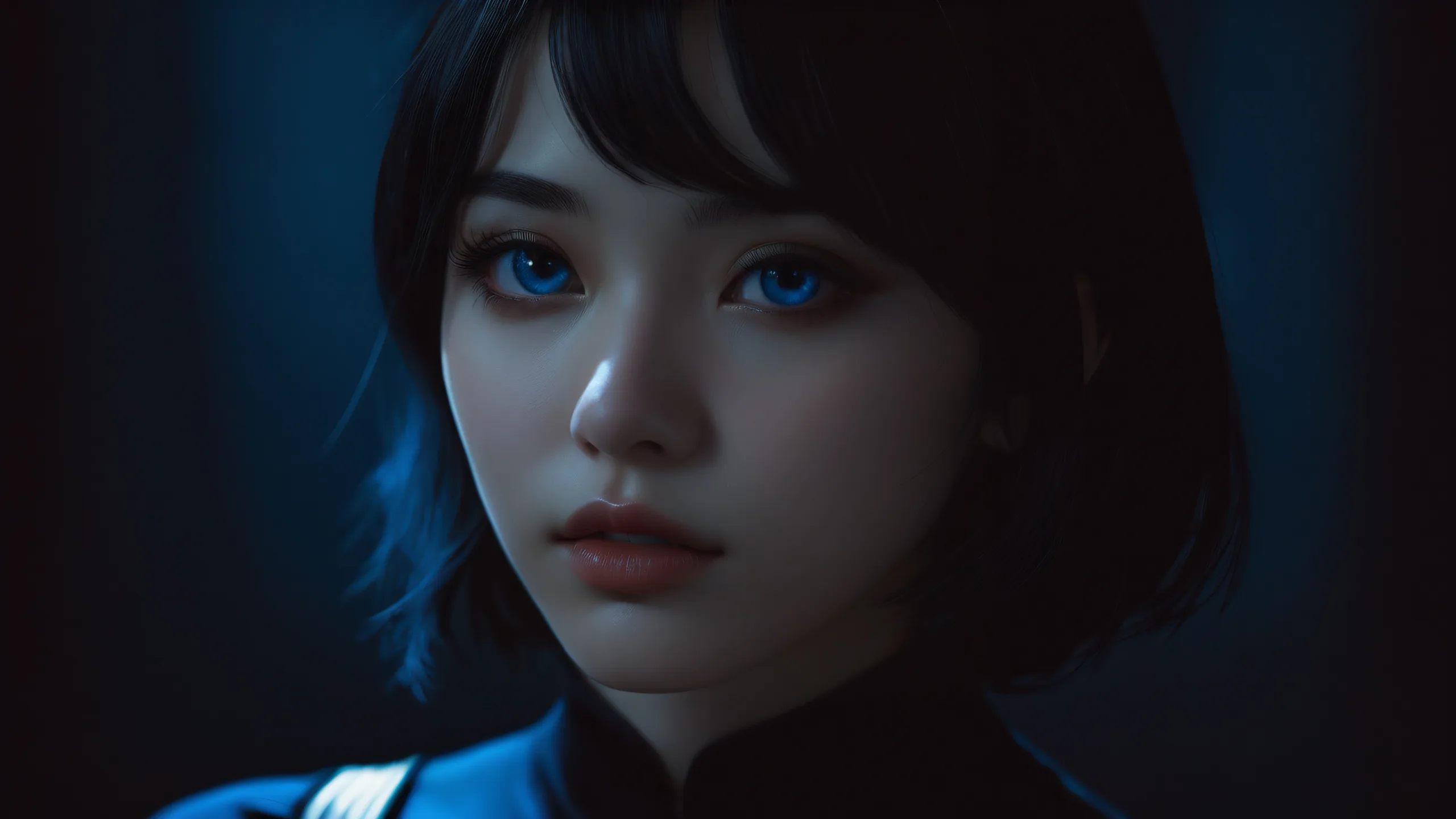 Stunning Ethereal Girl in Void Wallpaper A stunning desktop wallpaper featuring a girl centered against a vast pure void with deep blacks and luminescent accents, perfect for Desktop/PC.