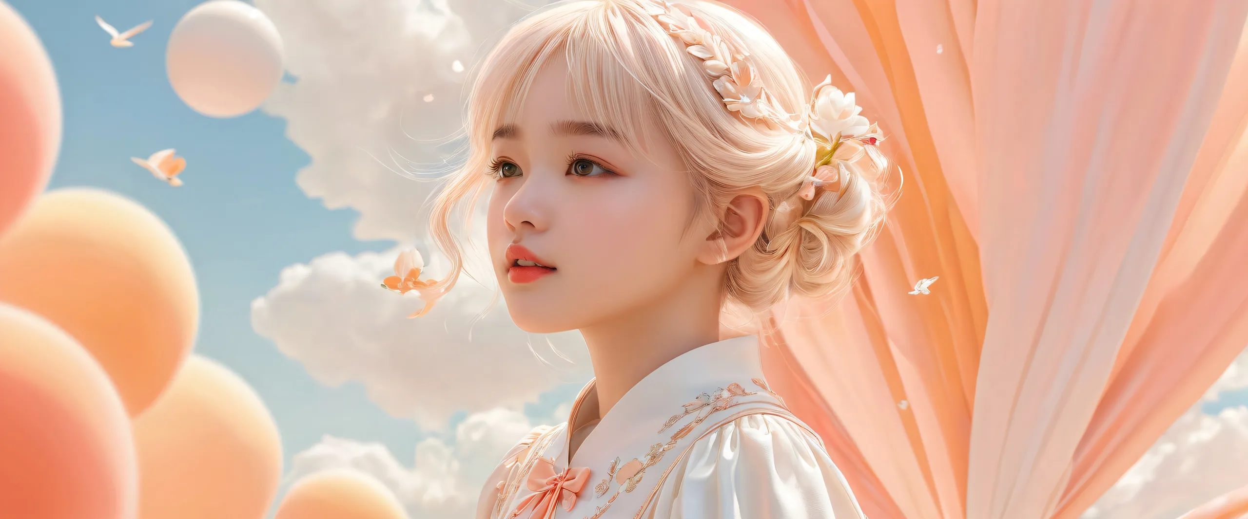 A portrait of a girl in a vast, pure void with extreme depth of field, perfect for desktop use on a PC or laptop.