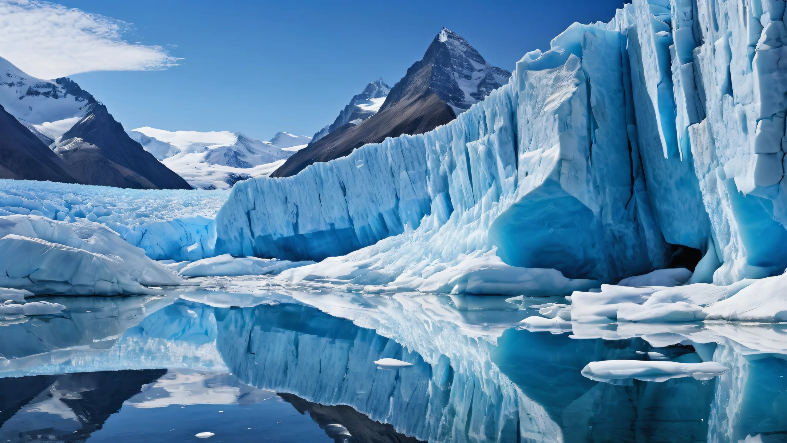 Ancient glacier wall desktop wallpaper with snow-covered texture and museum-quality classical oil painting aesthetic, suitable for PC or Desktop display.