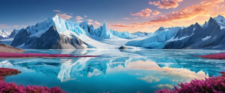 Breathtaking desktop wallpaper of glaciers on a pristine pure void with a subtle prairie landscape in the background, perfect for PC or Desktop use.