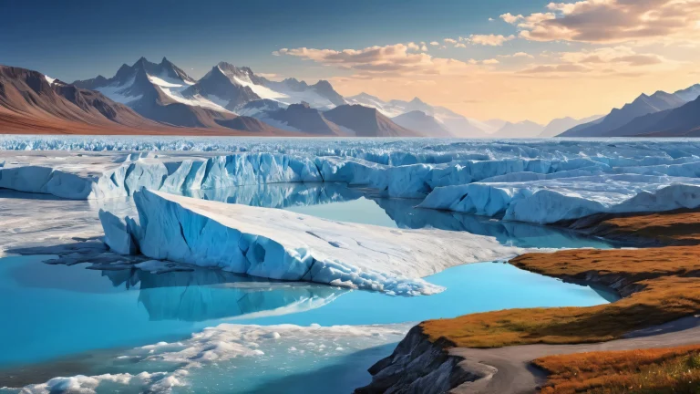 A serene desktop image of glaciers and a prairie in the distance on a Desktop/PC