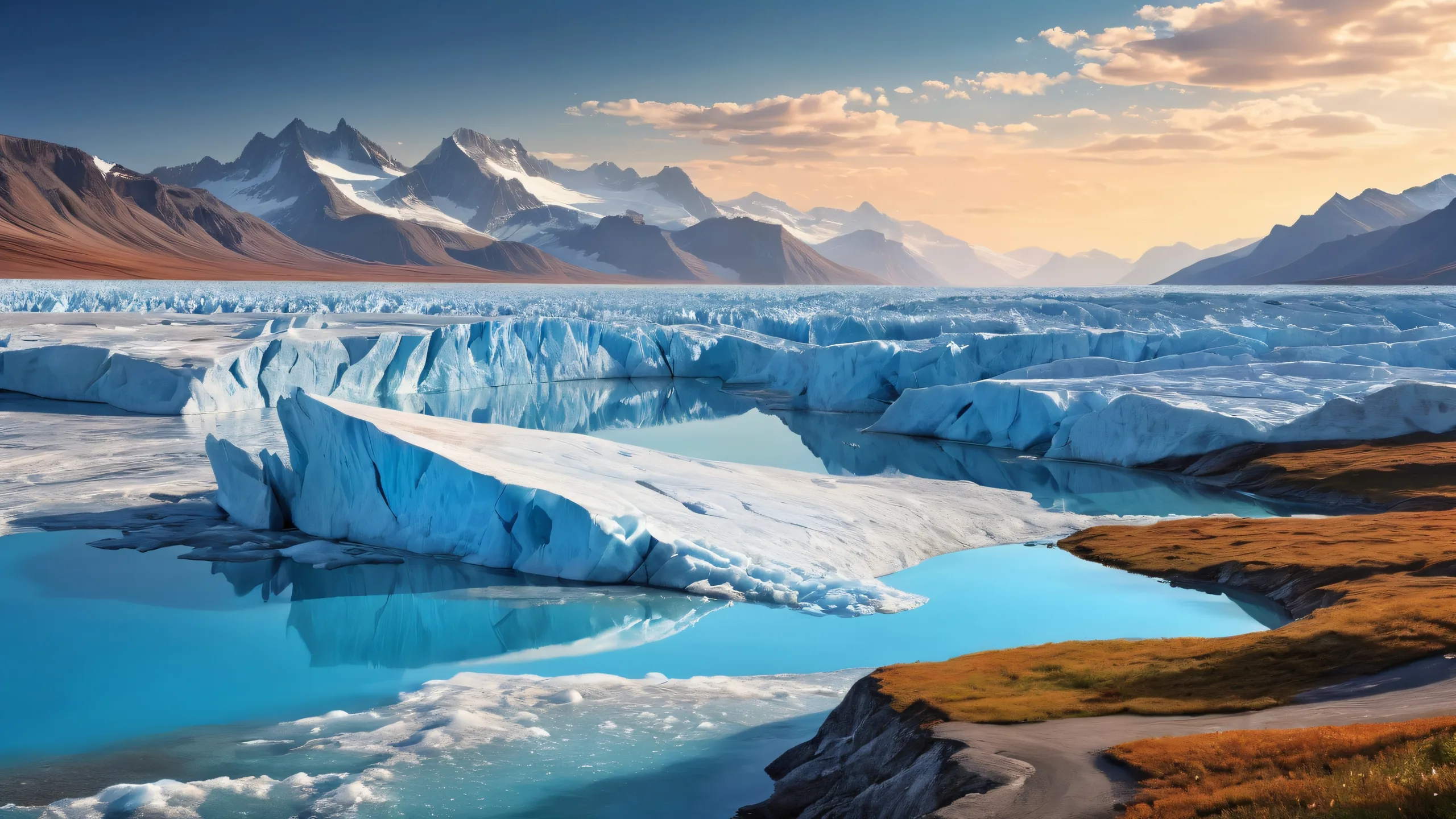 A serene desktop image of glaciers and a prairie in the distance on a Desktop/PC