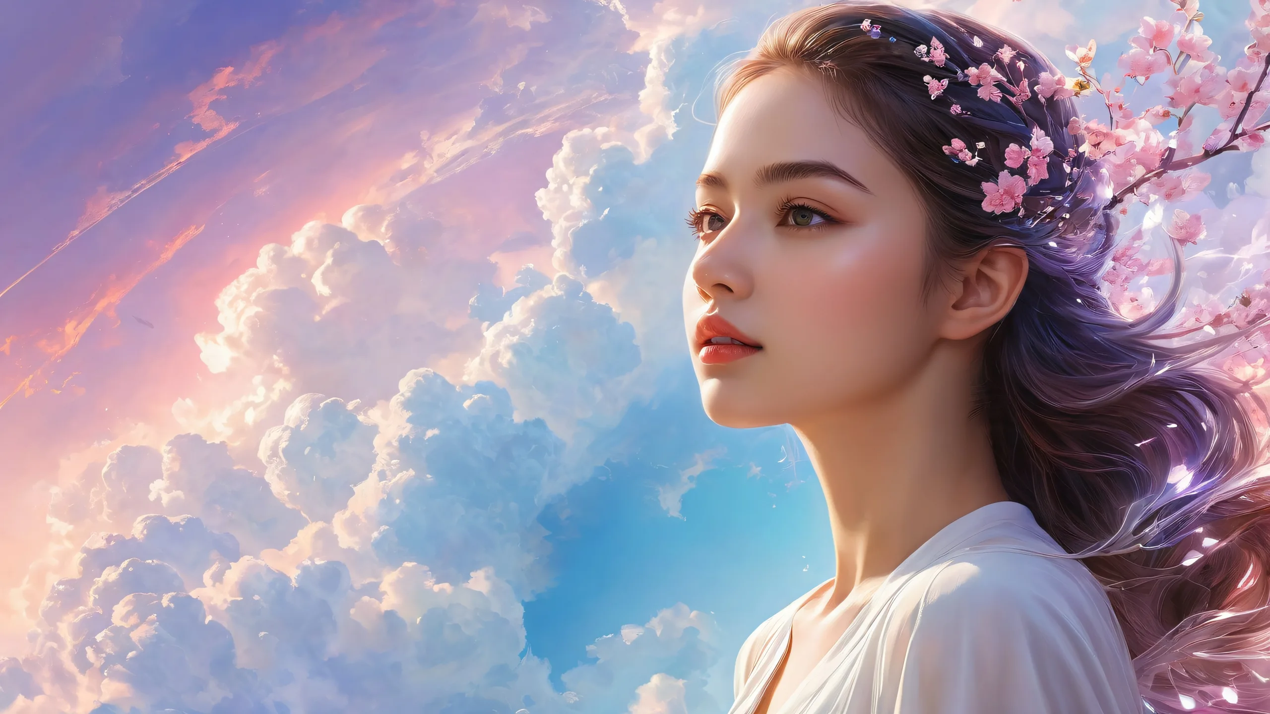 Woman surrounded by pure void with ambient light for Desktop/PC use.