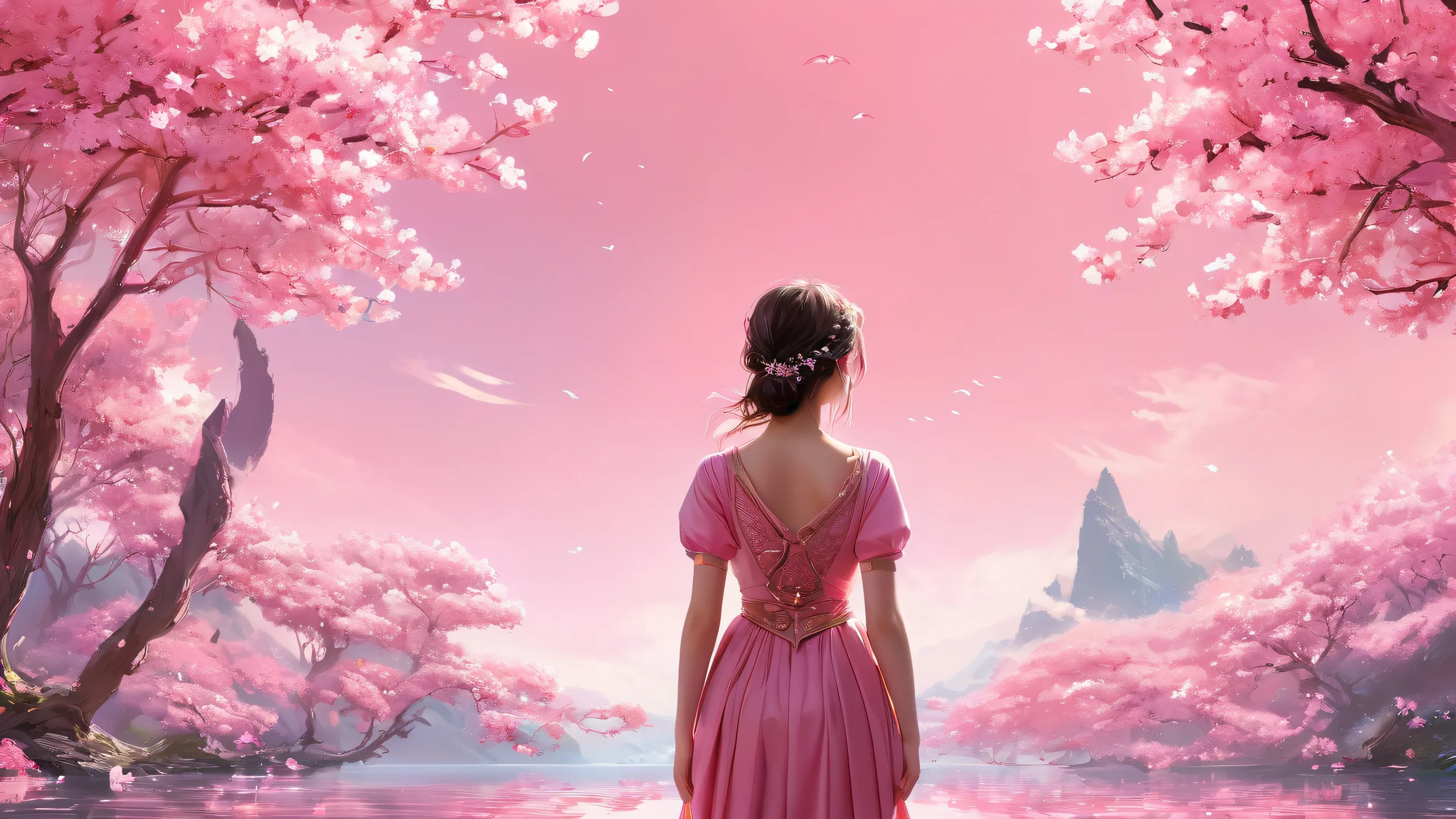 A girl standing in a vast pure void with ethereal lighting and brilliant colors for desktop/pc use.