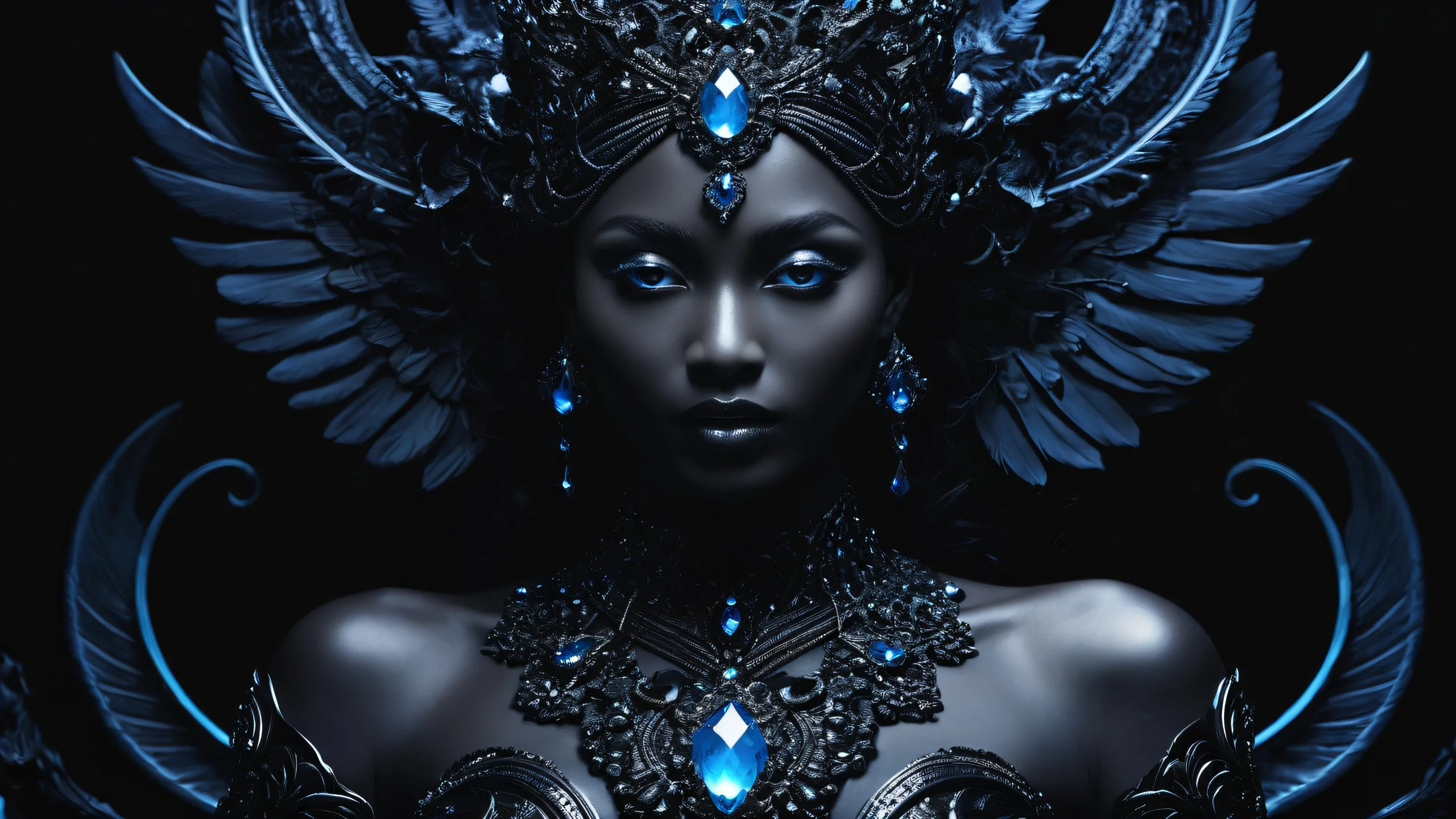 A serene goddess amidst a vast, dark void on a desktop or PC screen.