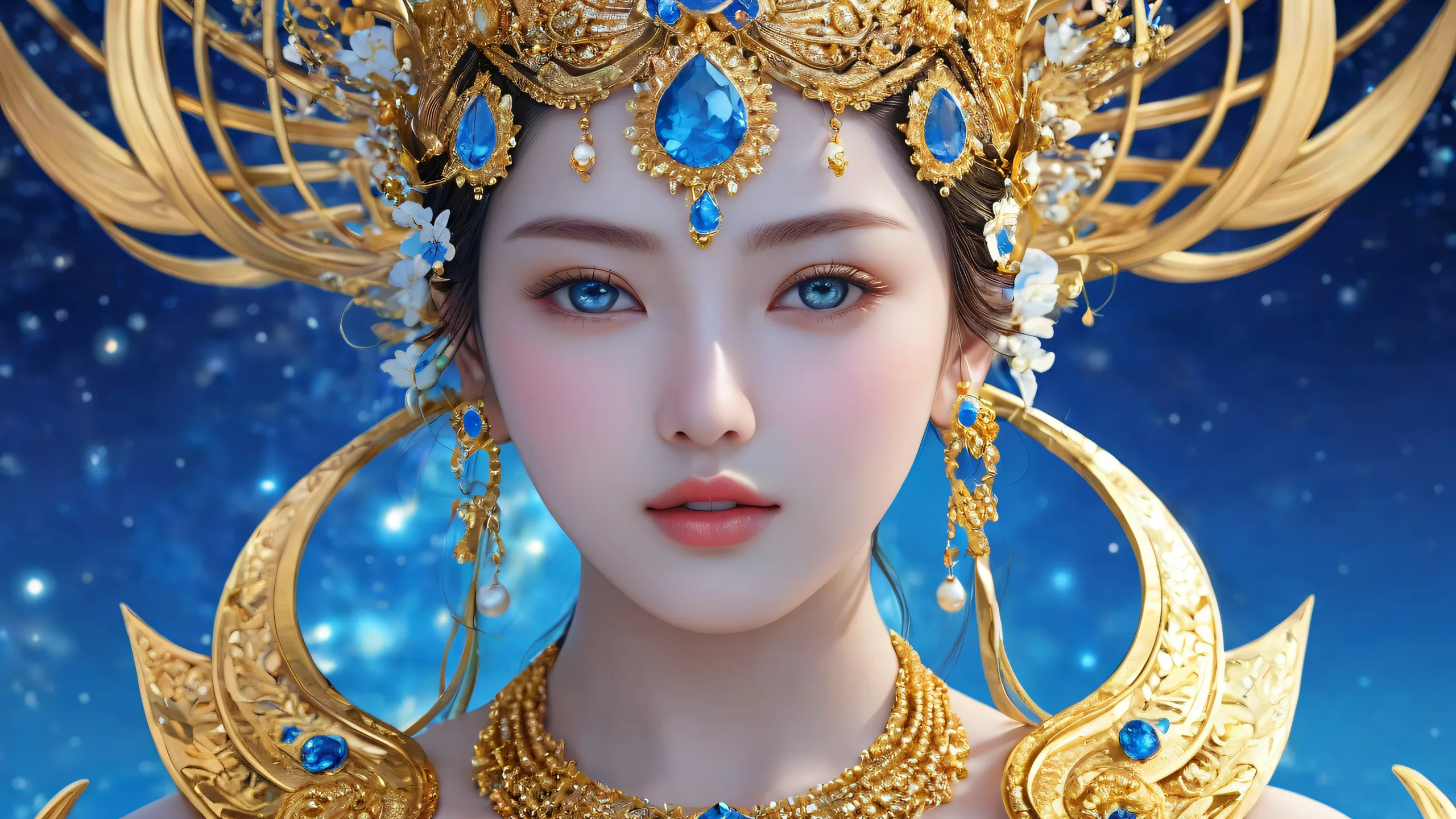 A goddess in a pristine void on a desktop/pc, for screen readers.