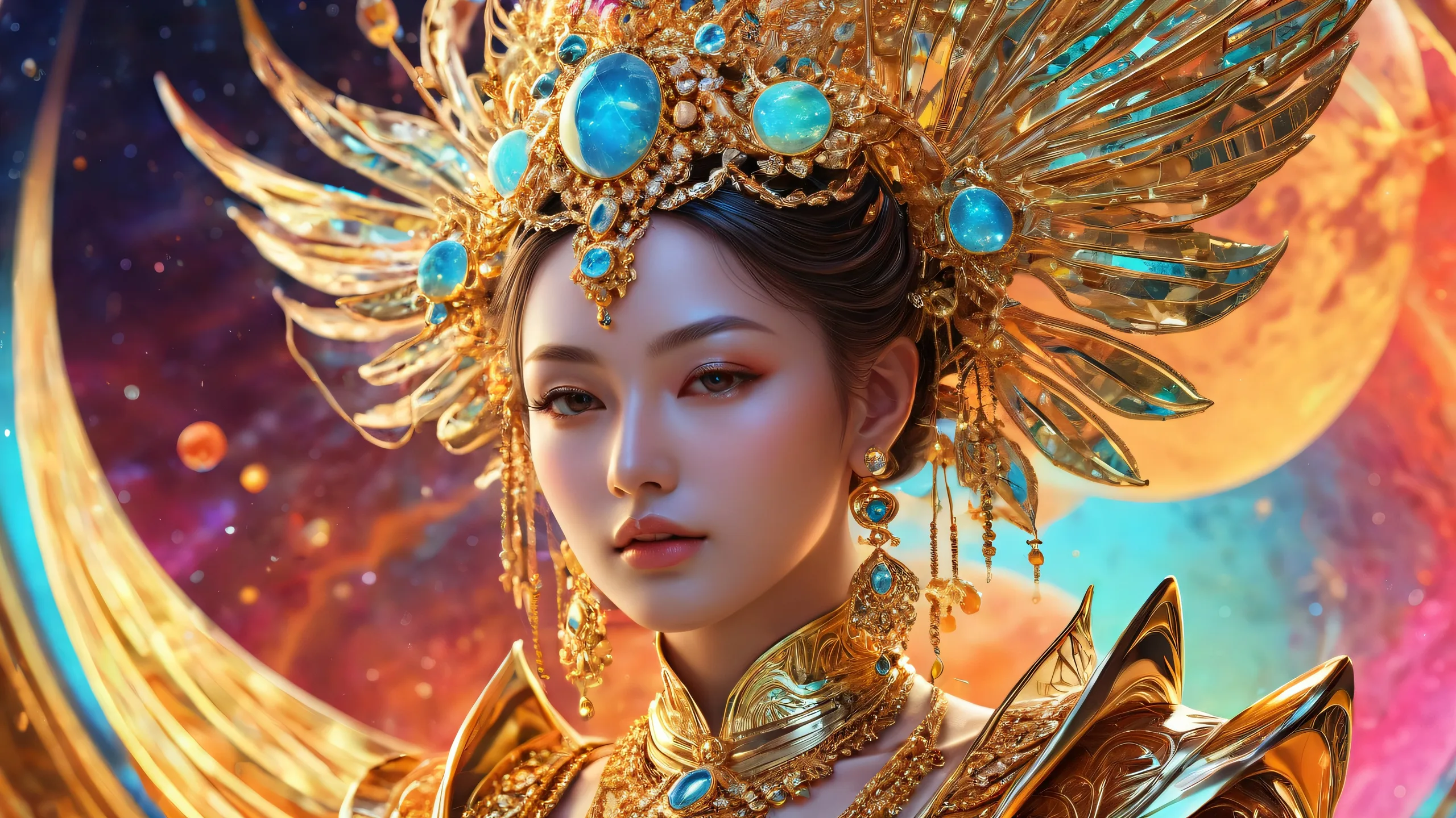 Planetary goddess desktop wallpaper with luxurious glass background and ethereal lighting for PC or Desktop