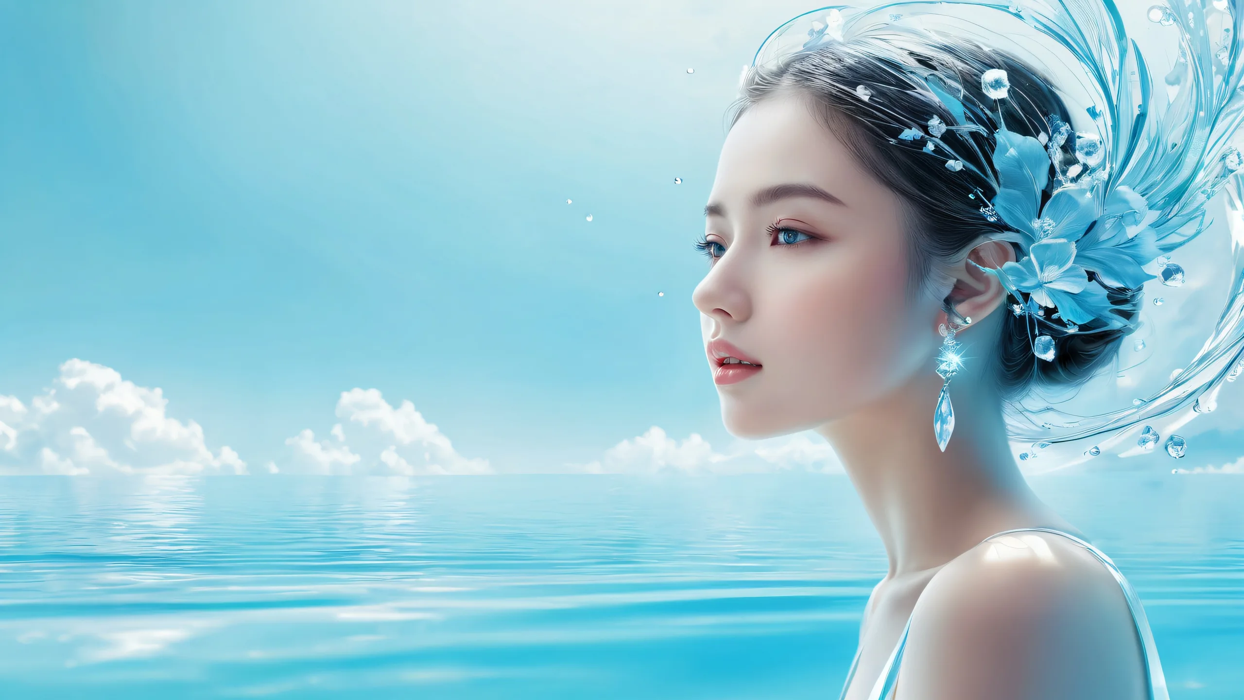 A serene female figure set against a vast, pure void with an extreme depth of field, perfect for desktop/PC use.