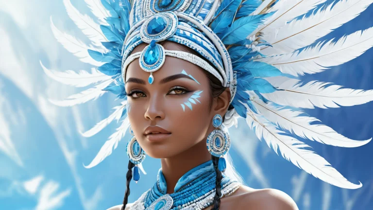 Tribal goddess surrounded by a vast, pure void, with extreme depth of field and ethereal lighting. Suitable for desktop or PC.