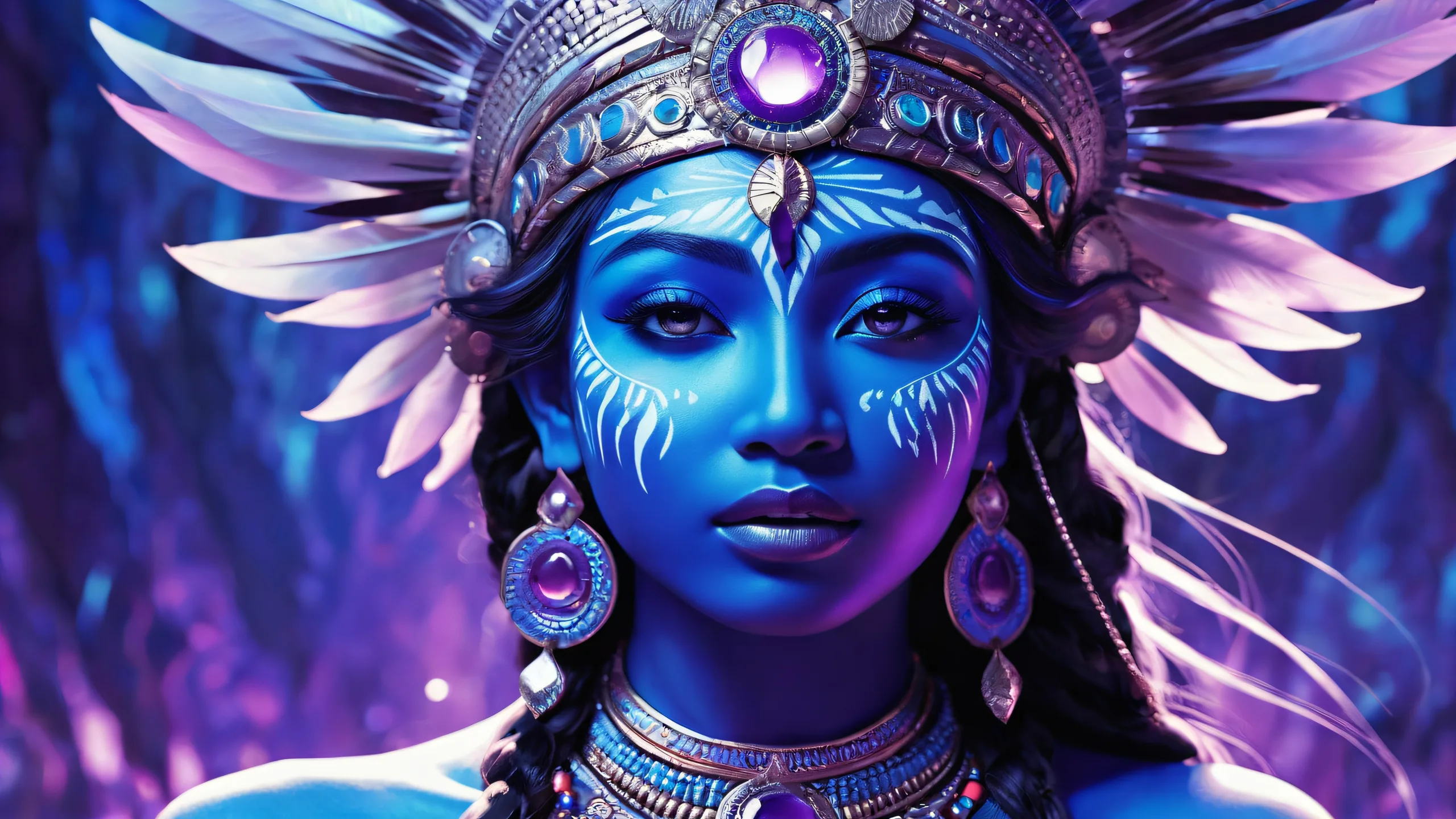 A stunning desktop wallpaper featuring a Tribal Goddess in a vast, pure void with extreme depth of field, perfect for your Desktop/PC.