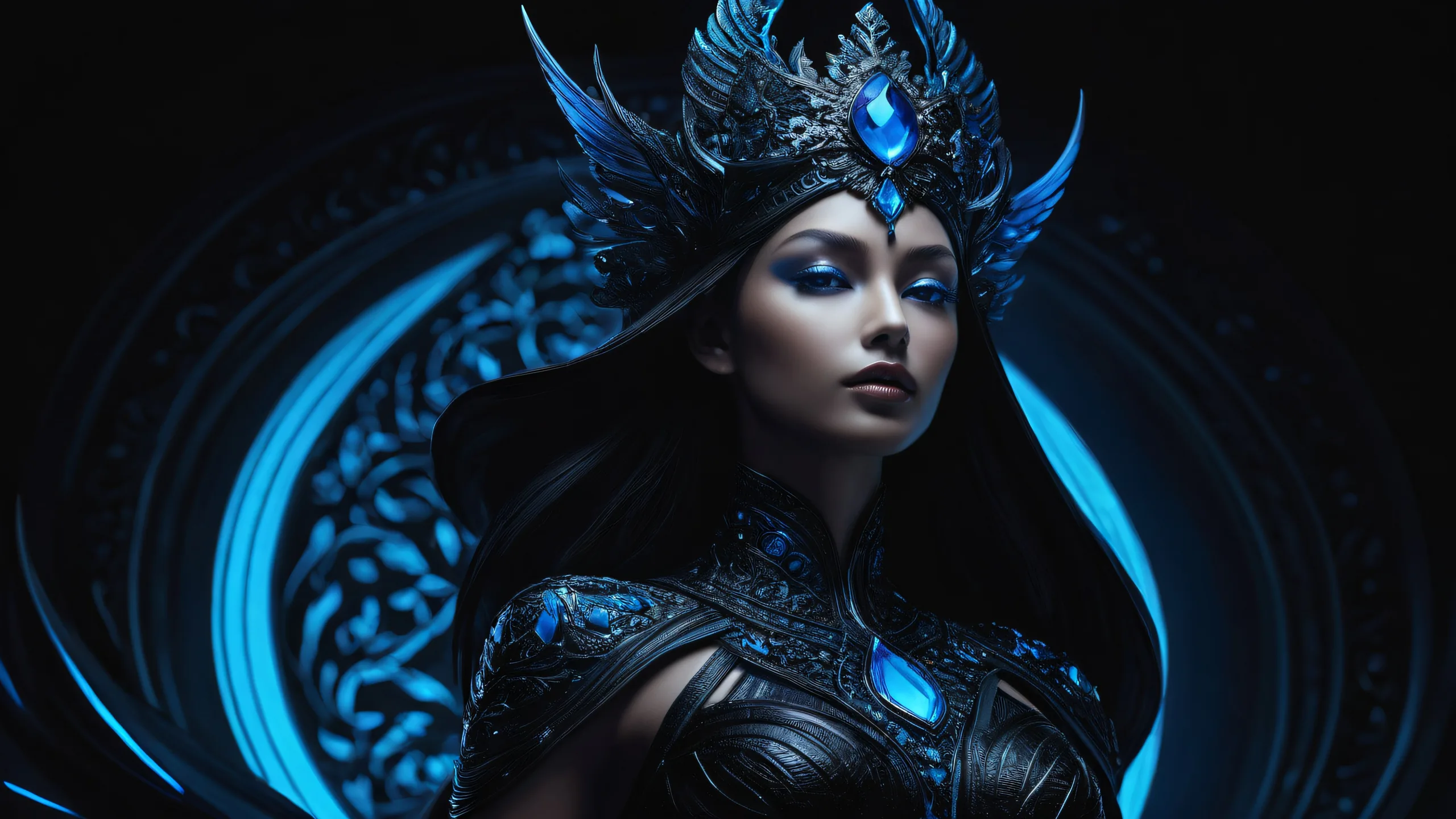 A stunning desktop wallpaper of a goddess amidst a pure void, perfect for PC or Desktop backgrounds.