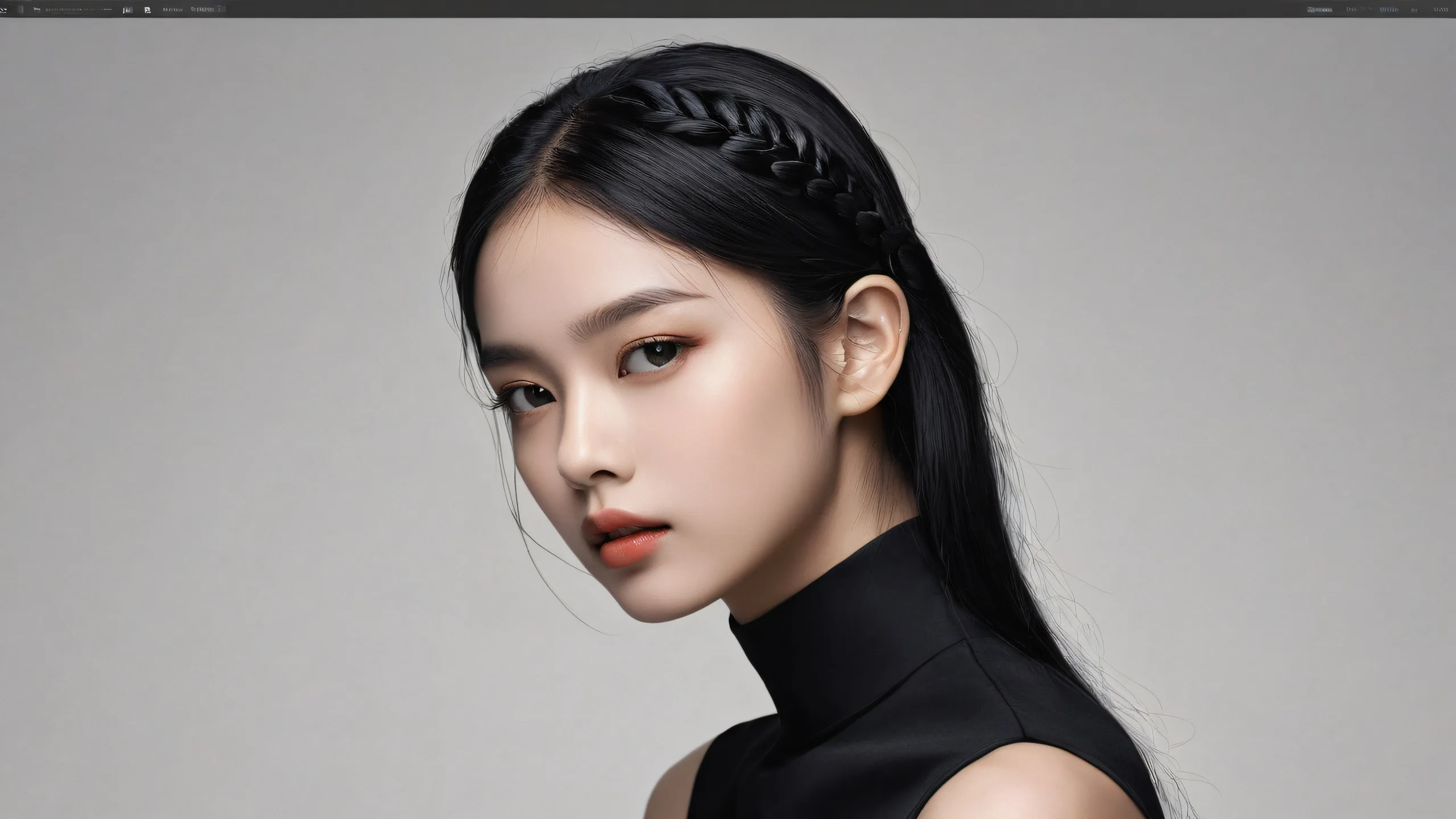 Ethereal Goddess in the Abyss Aesthetic PC Wallpaper A serene digital portrait of a woman on a deep black background, perfect for your desktop or PC.