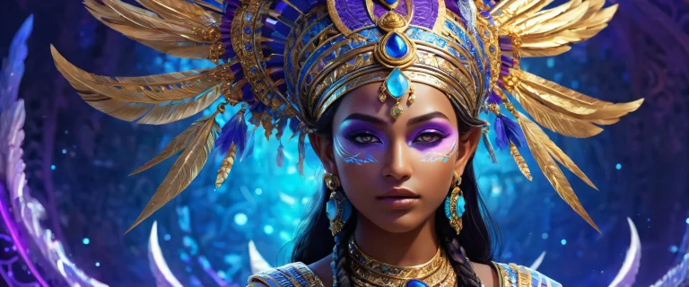 A stunning desktop wallpaper featuring a tribal goddess surrounded by a vast, pure void with bioluminescent accents and intricate design elements on a Desktop/PC.