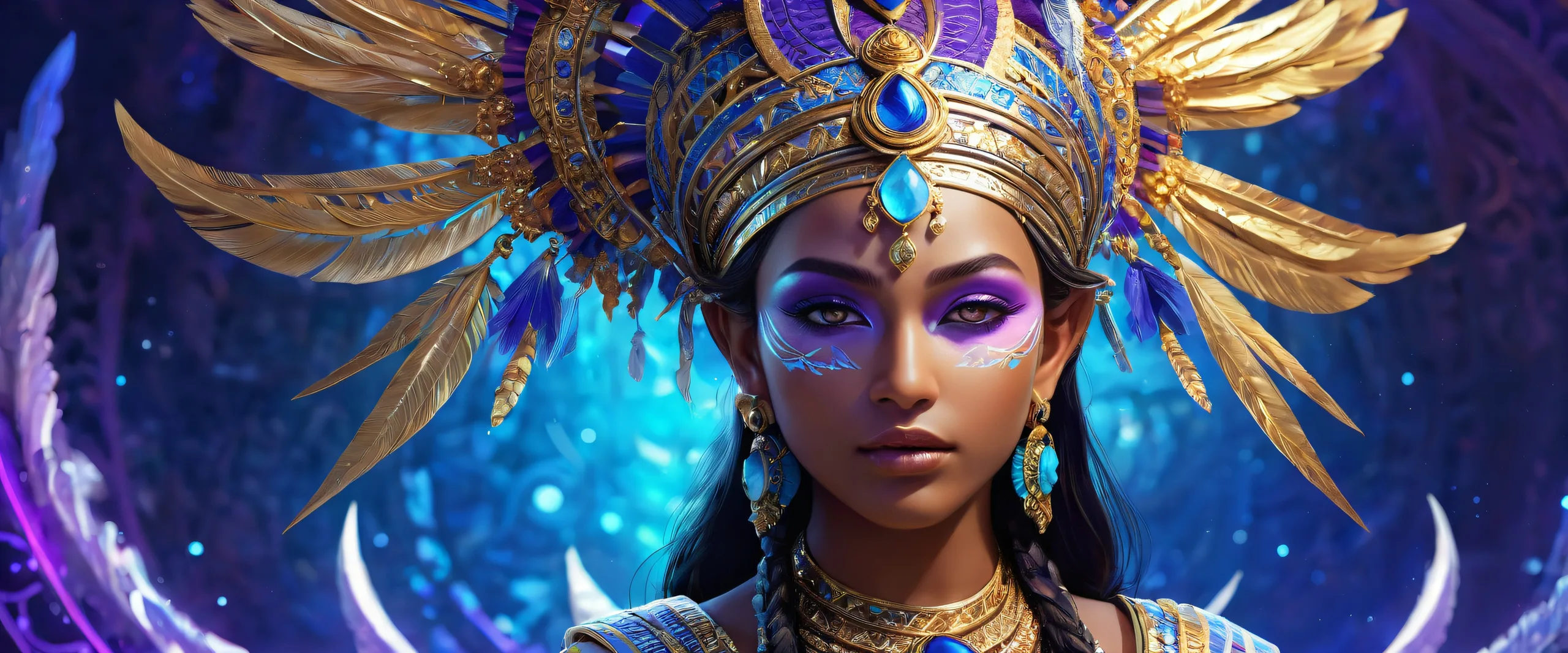 A stunning desktop wallpaper featuring a tribal goddess surrounded by a vast, pure void with bioluminescent accents and intricate design elements on a Desktop/PC.