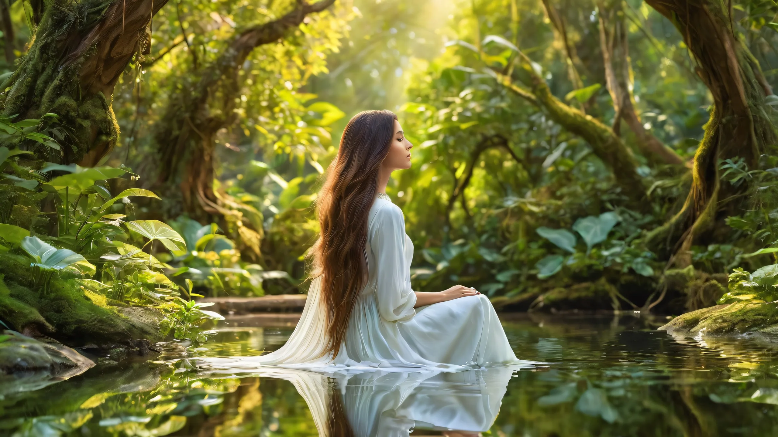 A beautiful digital artwork of a woman with long hair surrounded by nature on a desktop or PC.
