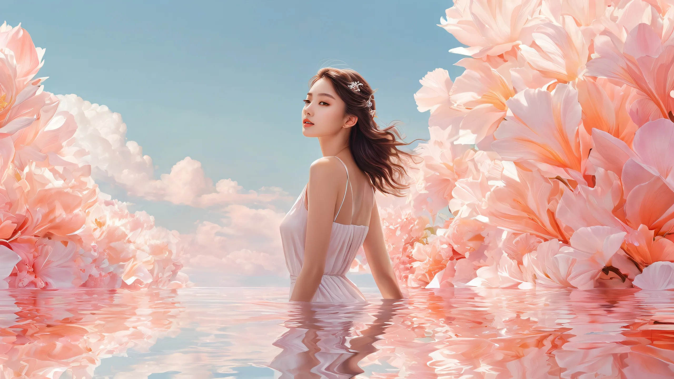 A serene and divine desktop scene featuring a woman surrounded by a vast pure void, perfect for your PC or Desktop.