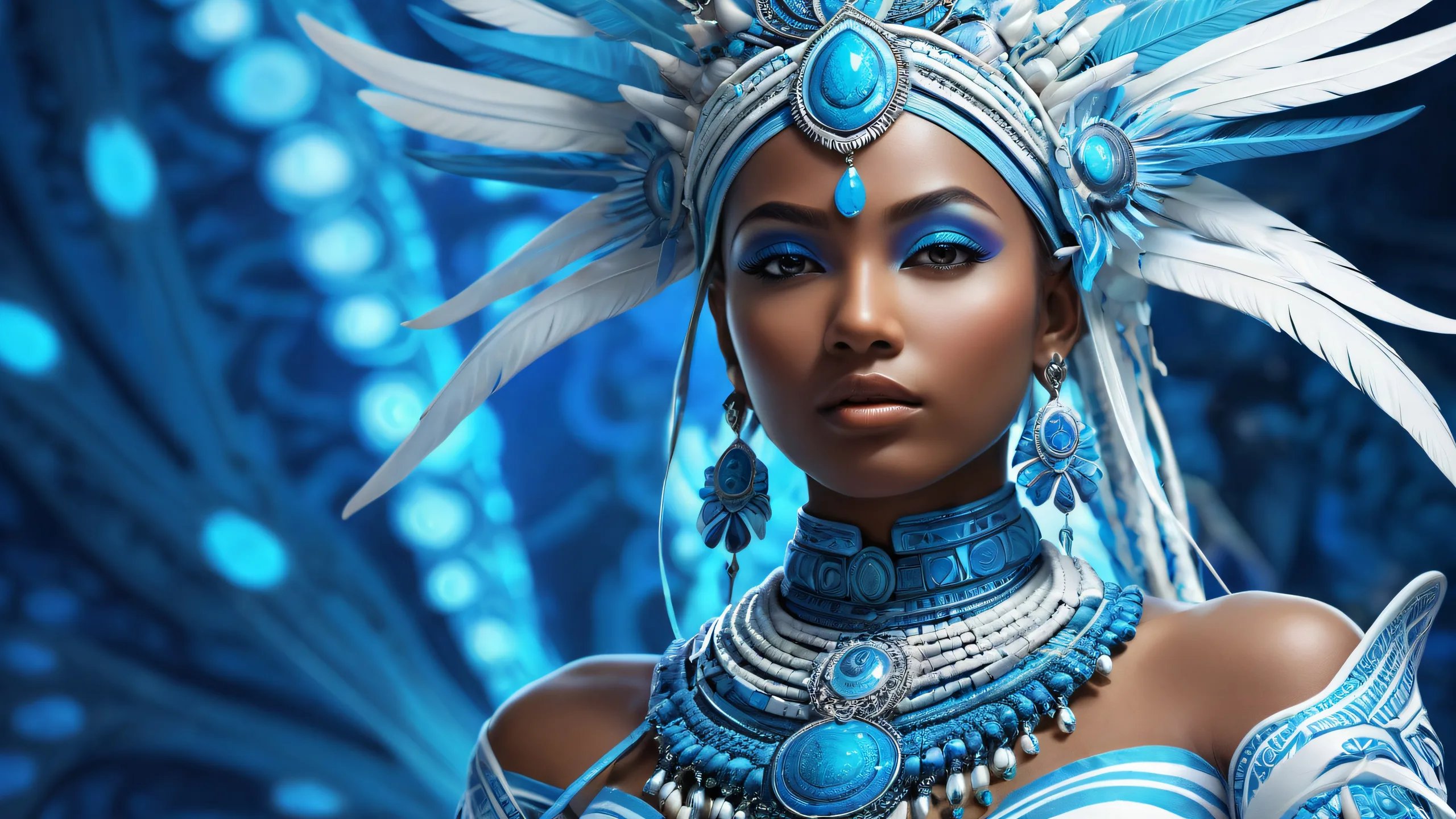 Tribal goddess surrounded by a vast, pure void on a desktop or PC, for the visually impaired.