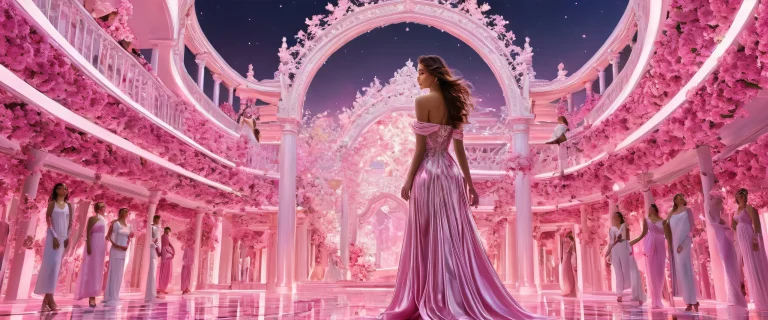 A desktop wallpaper featuring a stunning image of women in a vast, dark void with radiant ethereal lighting and reflections.
