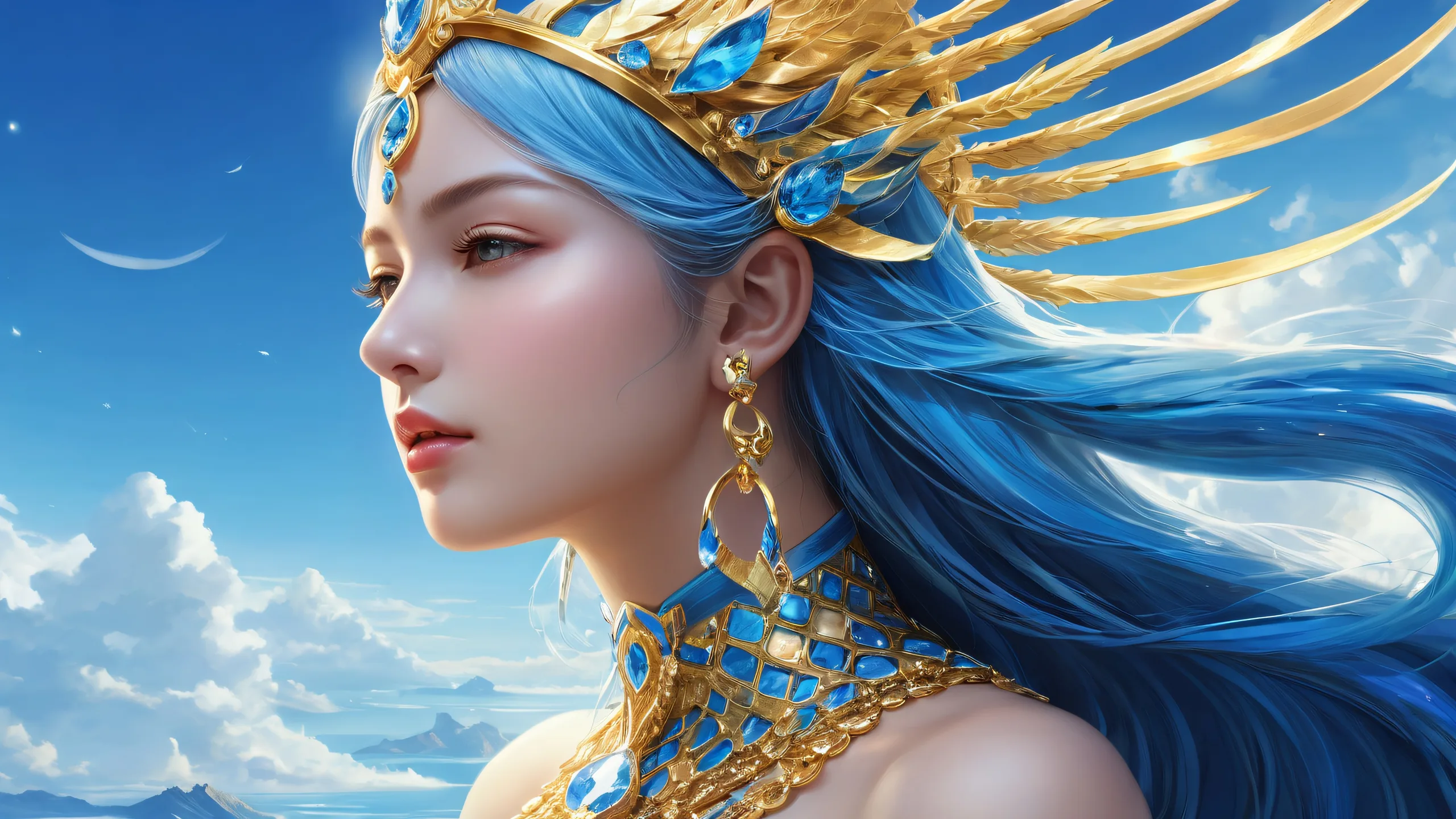 A majestic goddess rises from a deep, pure void on a desktop/PC background, featuring radiant colors and reflections.