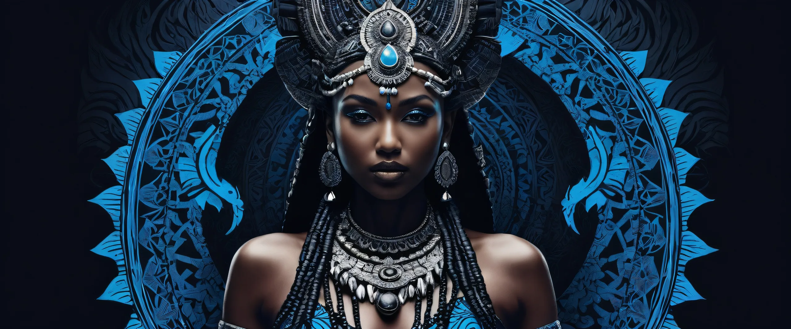 A breathtaking desktop wallpaper featuring a tribal goddess in a vast pure void with deep blacks and luminescent accents, suitable for Desktop/PC screens.