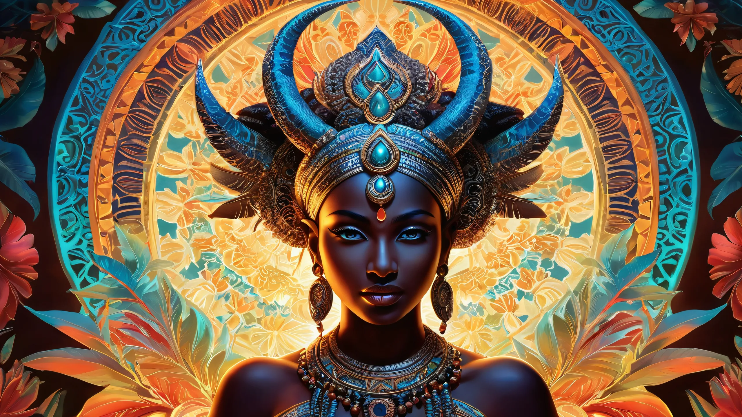 A stunning desktop wallpaper featuring a Tribal Goddess in a vast, pure void with bioluminescent glows and radiant light. Perfect for your Desktop/PC.