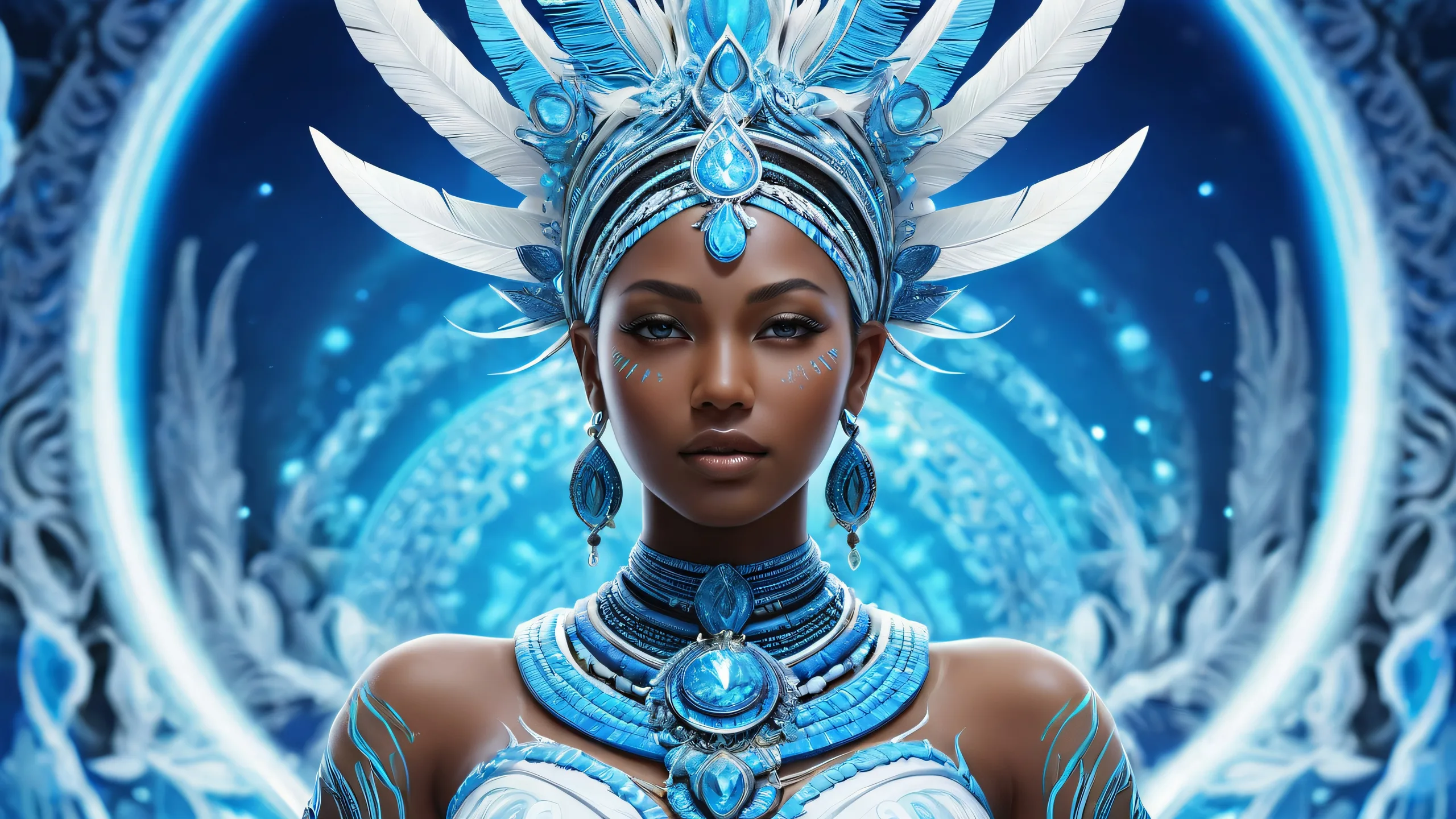 A stunning desktop wallpaper featuring a tribal goddess in a vast, pure void with extreme depth of field and radiant colors for your PC or Desktop.