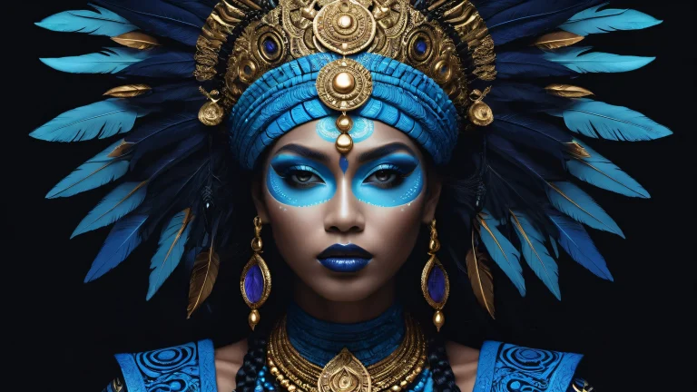 A stunning desktop image of a tribal goddess on a black background with bioluminescent features, perfect for your Desktop/PC.